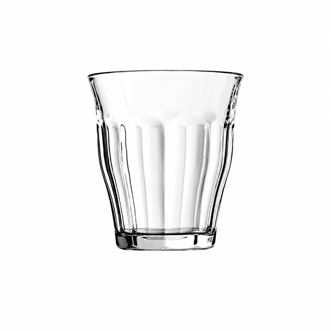 A clear glass tumbler with a flared rim and vertical ribbed texture, shown on a plain white background.