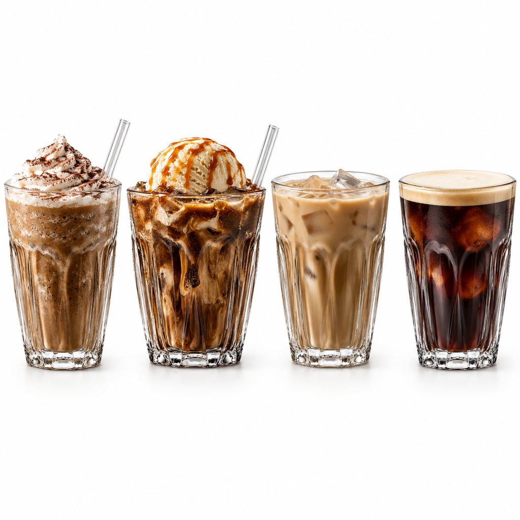 Four tall clear glasses filled with different iced coffee and milk drinks, arranged in a row on a white background. The drinks include whipped coffee with chocolate drizzle, a vanilla ice cream dessert with caramel sauce, a layered coffee and milk drink, and a dark iced coffee with ice cubes.
