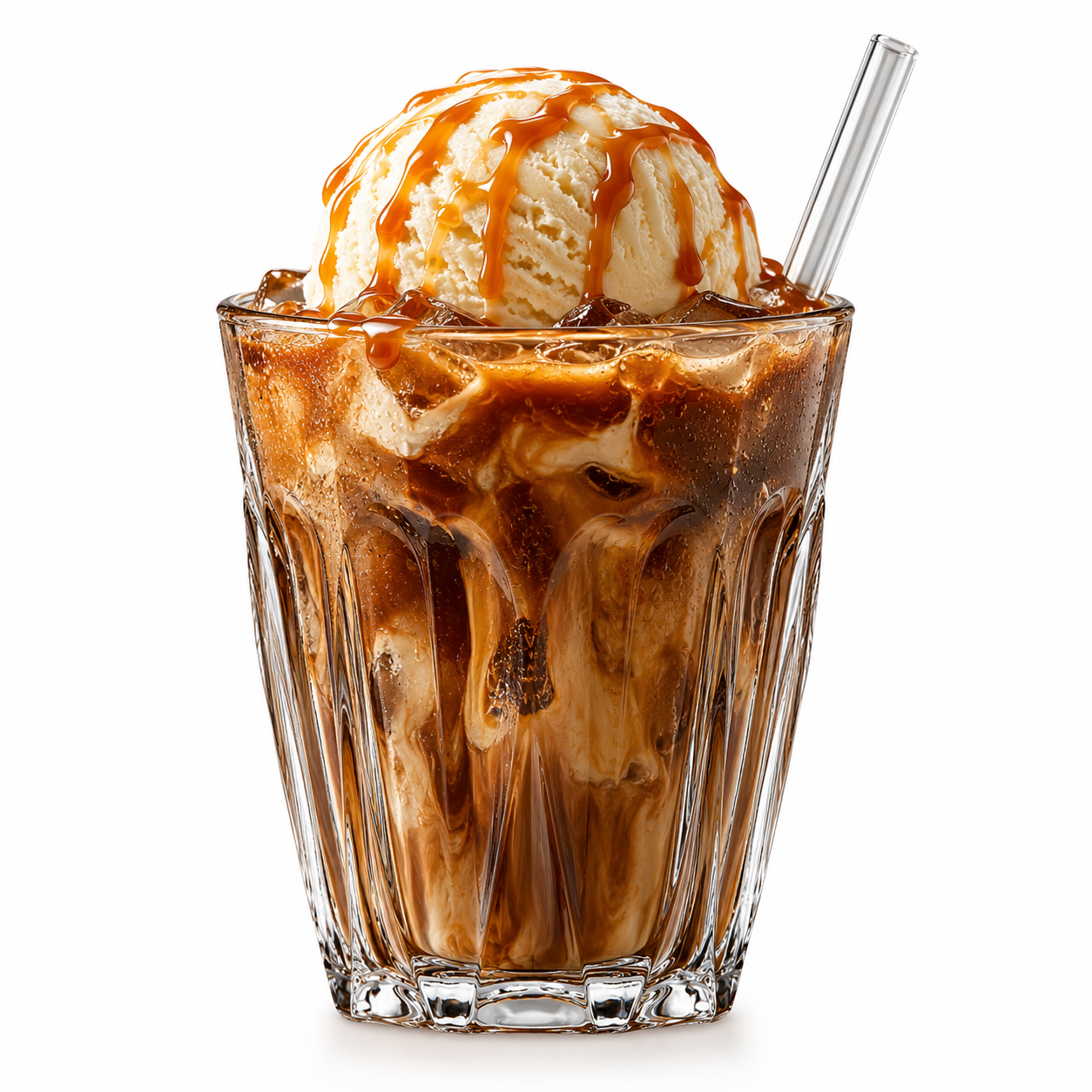 A clear ribbed glass cup filled with an iced coffee or cocoa drink, topped with a scoop of vanilla ice cream and drizzled with caramel sauce, with a clear plastic straw on a white background.