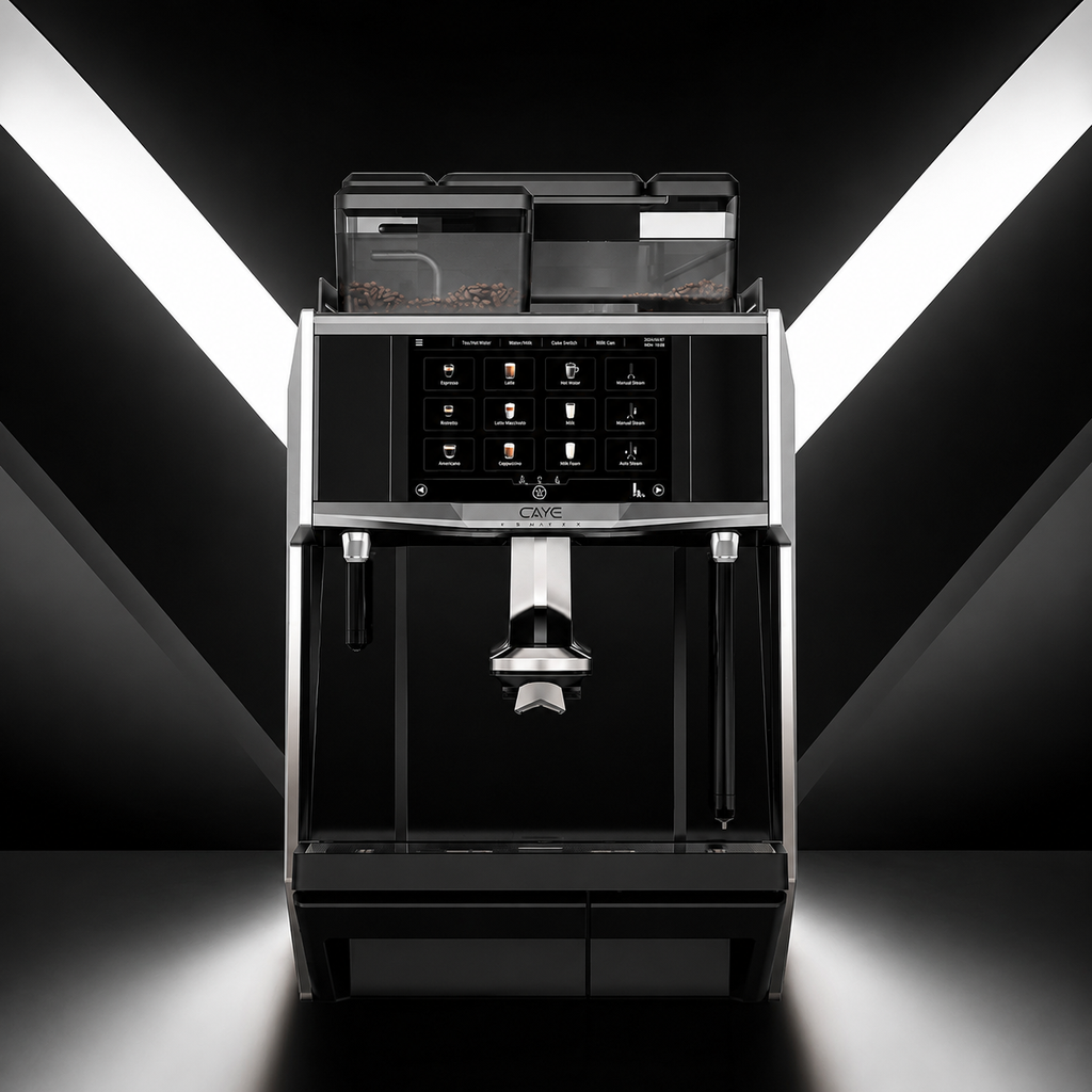 CAYE Smart X Coffee Machine from Cirelli Coffee, a commercial fully automatic coffee machine available by rental or lease enquiry with 10.1-inch touchscreen, Bionic Barista system, up to three grinders, dual milk delivery, auto-cleaning and high-volume coffee output.