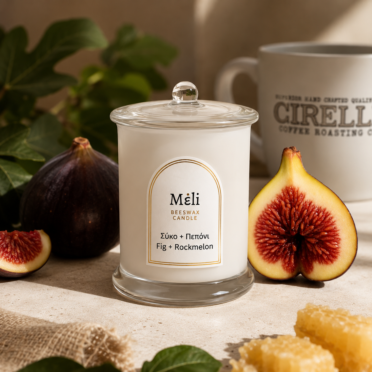 Meli Fig and Rockmelon Beeswax Candle 250g from Cirelli Coffee, a South Australian beeswax candle in a white gloss glass jar with wood wick, 40-hour burn time, and juicy melon, grape, peach, apricot, fig and vanilla fragrance notes.