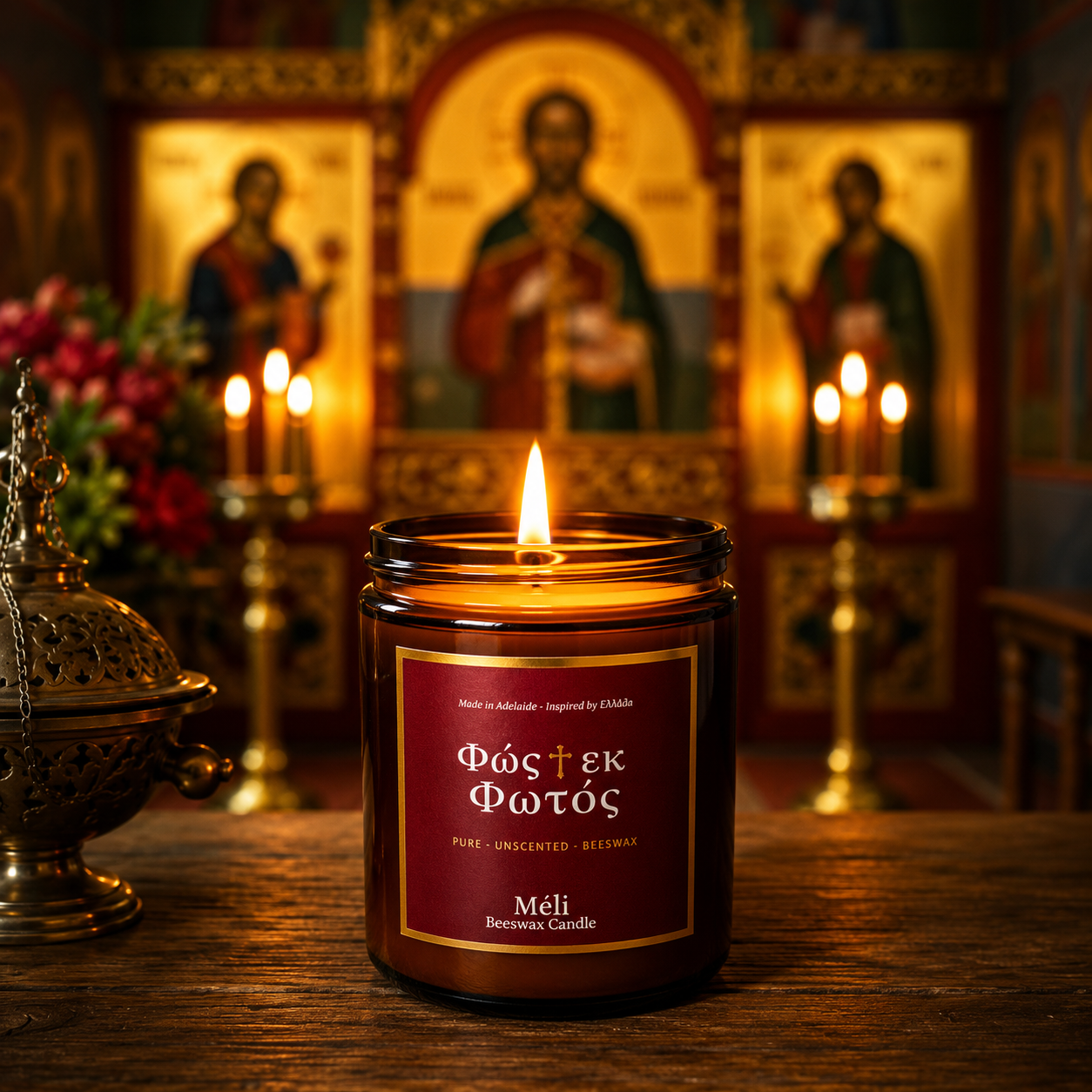 Meli Fos Ek Fos Light from Light Unscented Beeswax Candle 180g from Cirelli Coffee, a South Australian beeswax candle in an amber gloss jar with gold lid, cotton wick, 20-hour burn time, no added fragrance, and a soft golden glow.