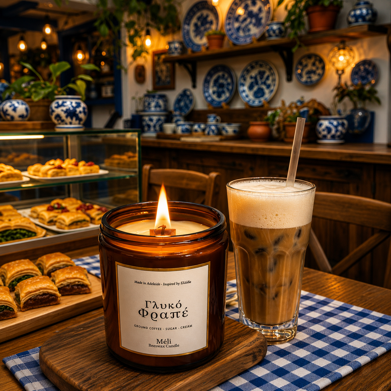 Meli Glyko Frappe Sweet Frappe Beeswax Candle 180g from Cirelli Coffee, a South Australian beeswax candle in a gloss amber jar with gold lid, wood wick, 35-hour burn time, and sweet coffee, sugar and cereal fragrance notes.