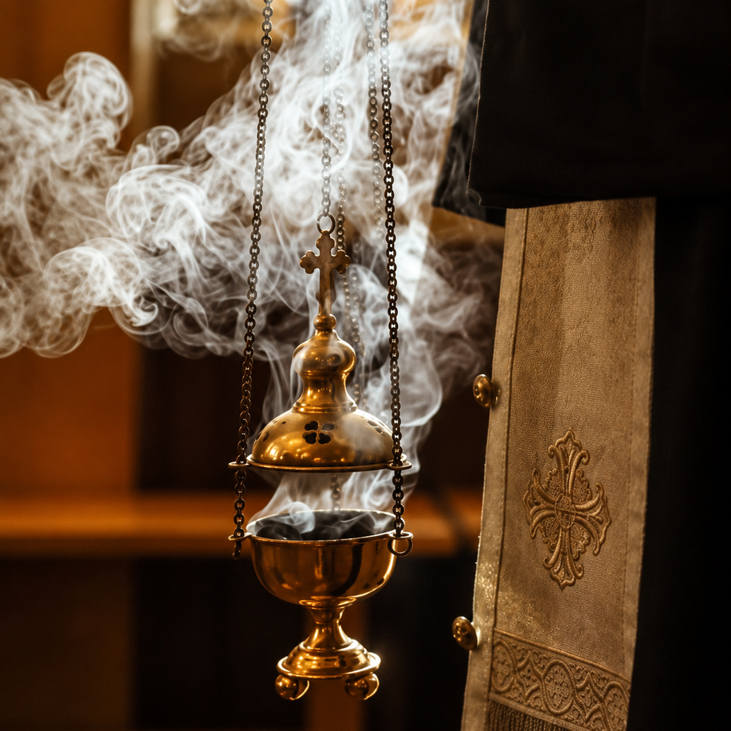 A close-up of a gold incense burner with white smoke rising, hanging beside a black and gold liturgical vestment in a softly blurred indoor setting.