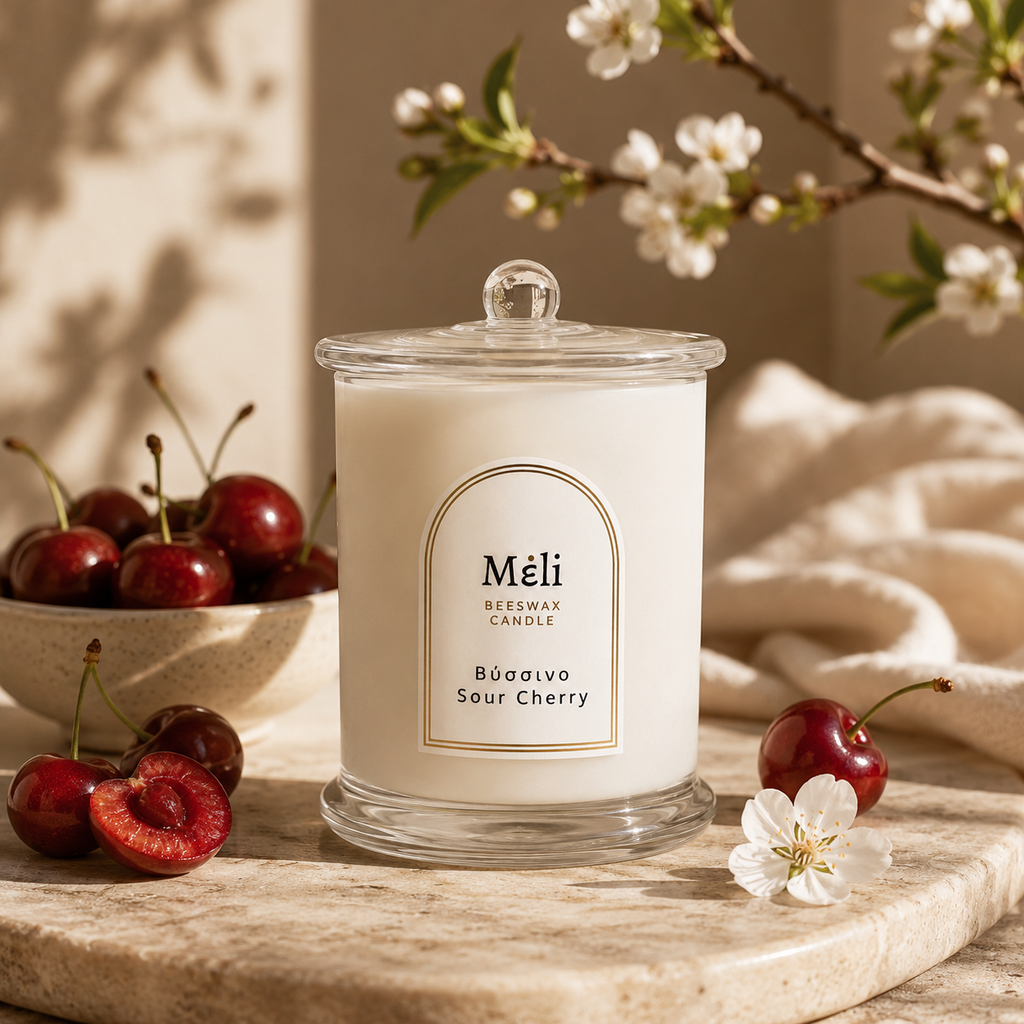 Meli Sour Cherry Beeswax Candle 250g from Cirelli Coffee, a South Australian beeswax candle in a white gloss jar with lid, wood wick, and orange, raspberry, almond, cherry, cinnamon, nutmeg and vanilla fragrance notes.