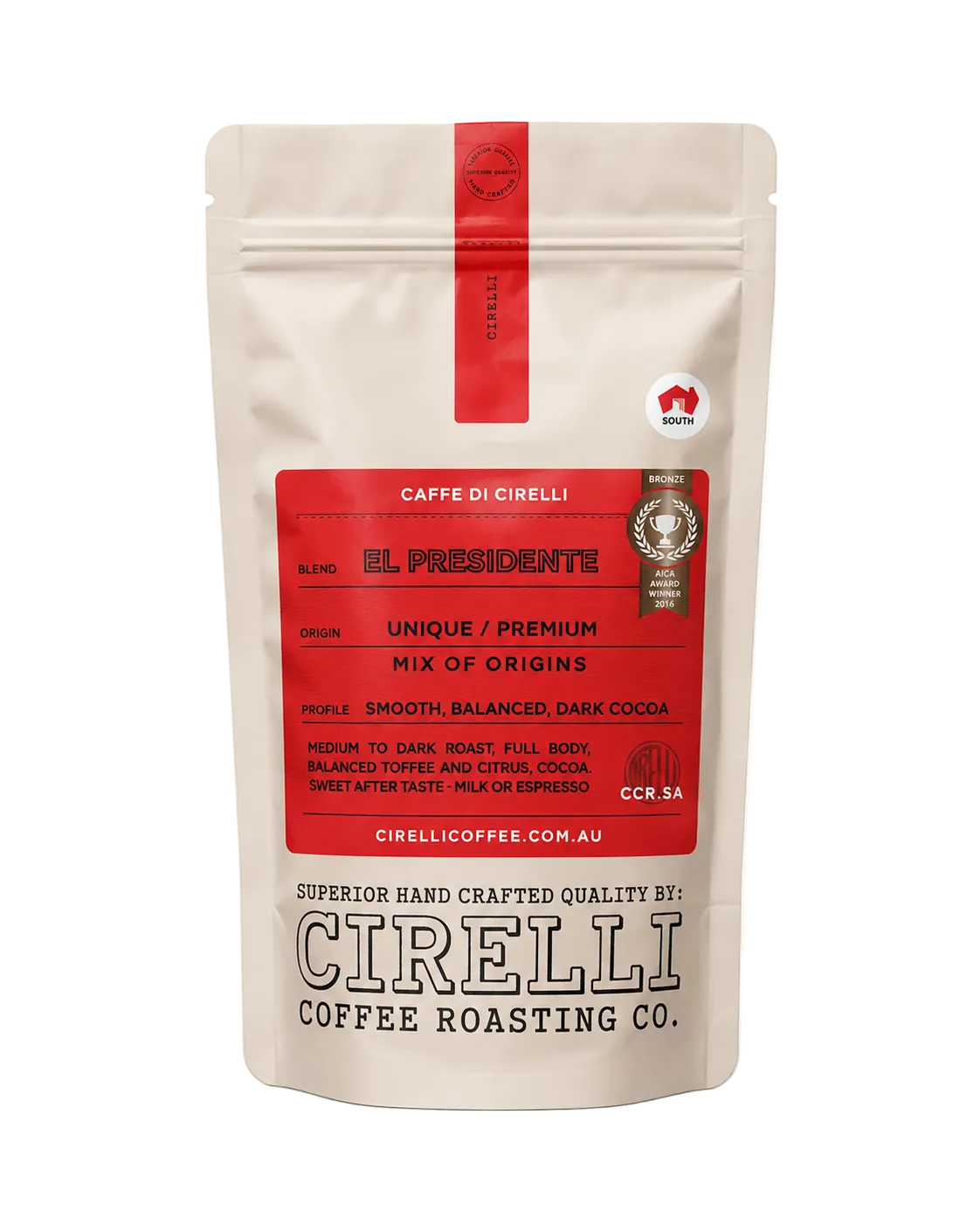 El Presidente Coffee Blend by Cirelli Coffee, an award-winning medium-to-dark roast with chocolate and caramel notes for espresso, cappuccino, latte, plunger, and filter brewing.