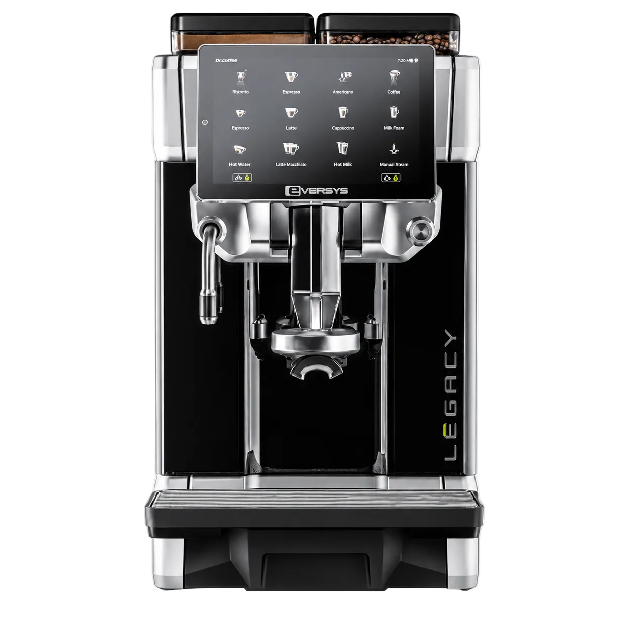 Eversys Legacy L’2ms Office Coffee Machine from Cirelli Coffee, a compact automatic coffee machine with 10.1-inch touchscreen, up to four grinders, automated milk texturing, optional powder unit, multiple bean hoppers, separate tea and coffee outlets, and strong office or QSR coffee output.
