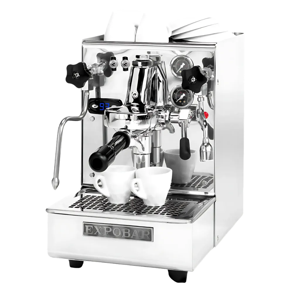Expobar Office Barista Minore coffee machine from Cirelli Coffee, a dual boiler espresso machine with EB-61 commercial group, PID control, mechanical pre-infusion, copper boilers, steam and pump pressure gauges for serious home baristas.