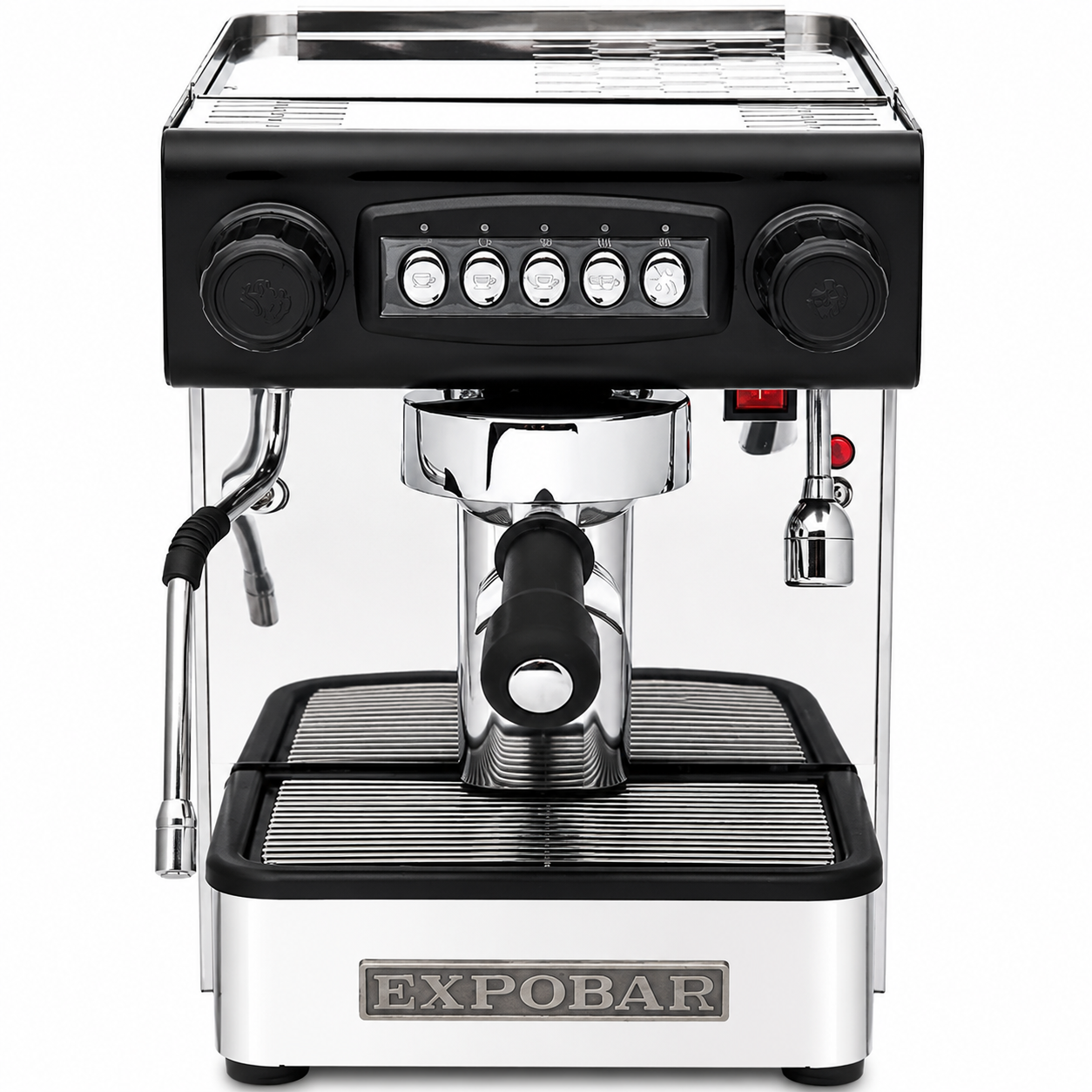 Expobar Office Control coffee machine from Cirelli Coffee, an automatic one group espresso machine with programmable doses, copper heat exchange boiler, cool-touch steam wand, hot water outlet, and white body for home, office, or entertaining.
