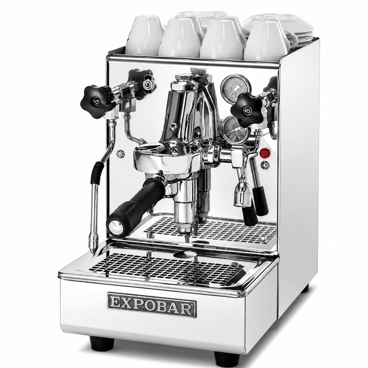 Expobar Office Leva coffee machine from Cirelli Coffee, a traditional one group semi-automatic espresso machine with heat exchanger, copper boiler, vibration pump, steam outlet, hot water outlet, and stainless steel body.