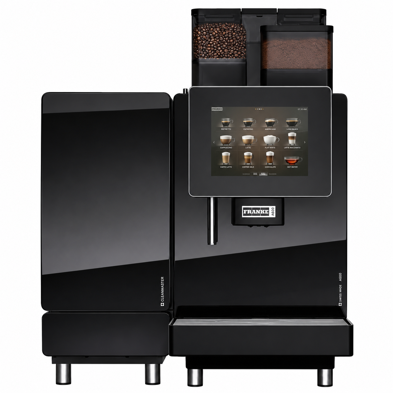 Franke A600 MS Coffee Machine from Cirelli Coffee, a premium automatic office and self-service coffee machine with 8-inch touchscreen, MS Milk System, FoamMaster milk foam technology, CleanMaster cleaning, automatic height-adjustable outlet, and up to 150 beverages per day.