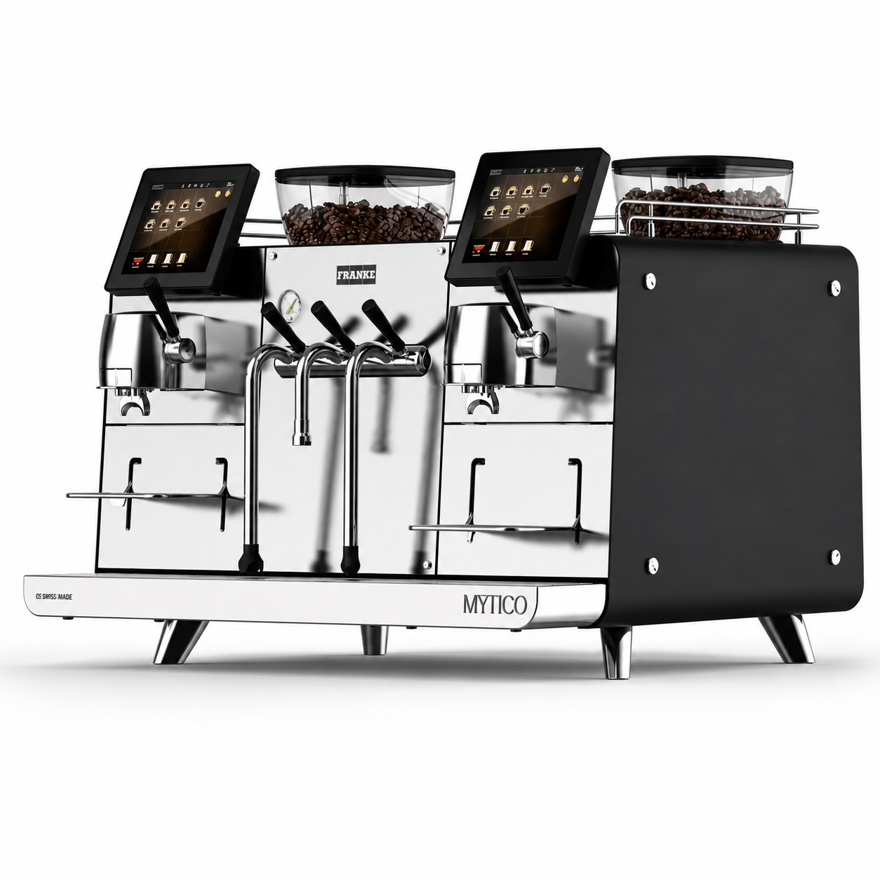 Franke Mytico Due Office Coffee Machine from Cirelli Coffee, a premium automatic café-style coffee machine with two coffee modules, iQFlow extraction technology, EasyClean system, integrated milk system, steam wand, 300-cup daily capacity, and high-end office performance.