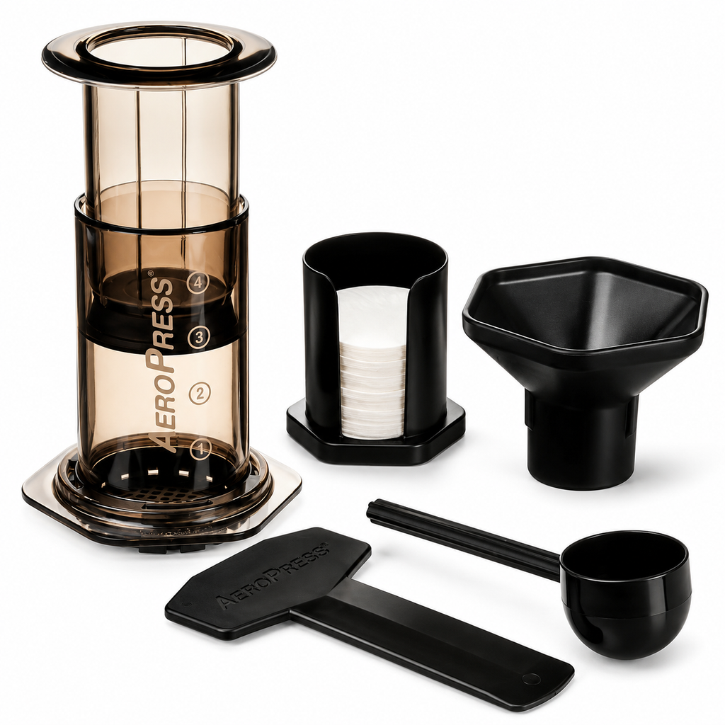 AeroPress Coffee Maker from Cirelli Coffee, a compact portable coffee brewer for smooth rich coffee with low bitterness, quick brewing, microfiltered clarity and easy clean-up at home, work, travel or camping.
