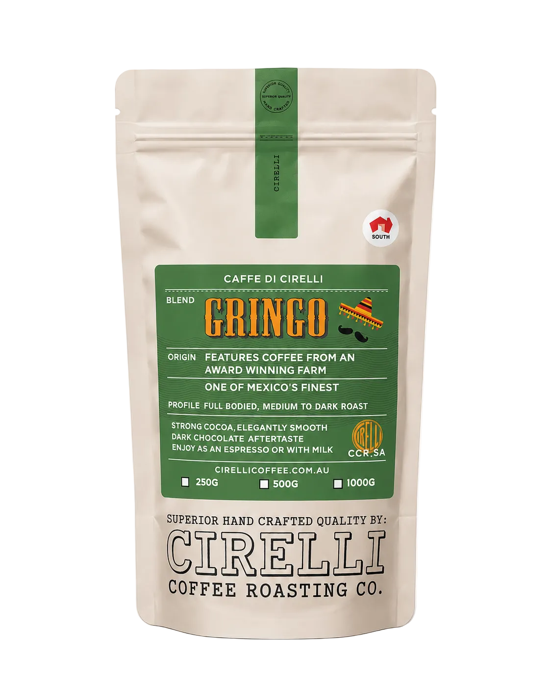 Gringo Coffee Blend by Cirelli Coffee, a smooth medium-dark roast featuring Mexican Kassandra with creamy body, low acidity, chocolate depth, and a lingering finish for espresso, milk coffee, filter, plunger, and stovetop brewing.