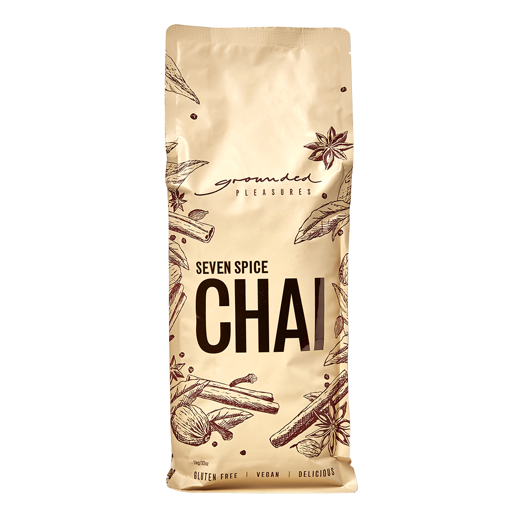 Grounded Pleasures 7 Spice Sri Lankan Chai 1kg from Cirelli Coffee, an instant dairy free, gluten free and vegan friendly chai blend made with seven freshly ground spices for chai lattes, dirty chai, iced chai, cafés, offices and home brewing.