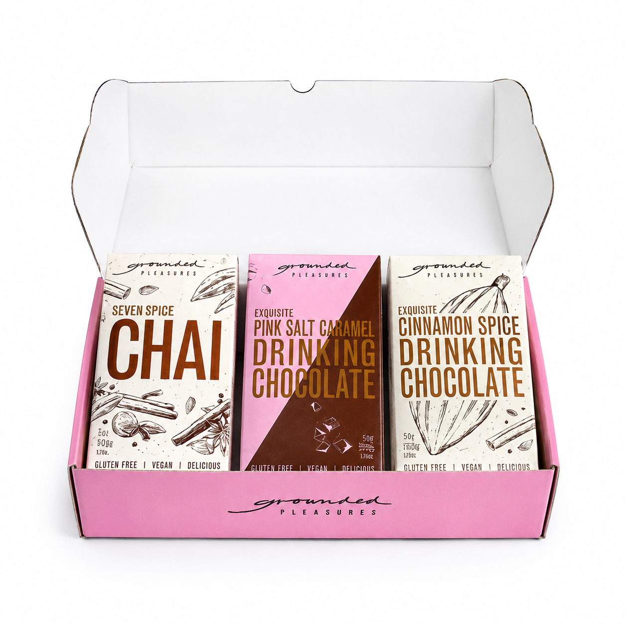 Grounded Pleasures Build Your Own Gift Box Flat Pack from Cirelli Coffee, an empty gift box designed to fit three 200g Grounded Pleasures drinking chocolate or chai products for personalised gifting, birthdays, thank-you gifts, Christmas and corporate gifting.