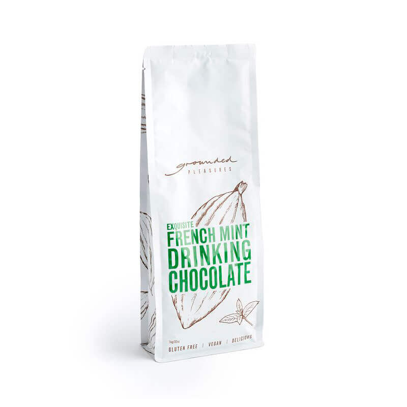 Grounded Pleasures French Mint Drinking Chocolate from Cirelli Coffee, a smooth chocolate-mint drinking chocolate made with fine Original cocoa and fresh extracted peppermint oil for luxurious hot chocolate, iced chocolate, cafés, offices and home brewing.