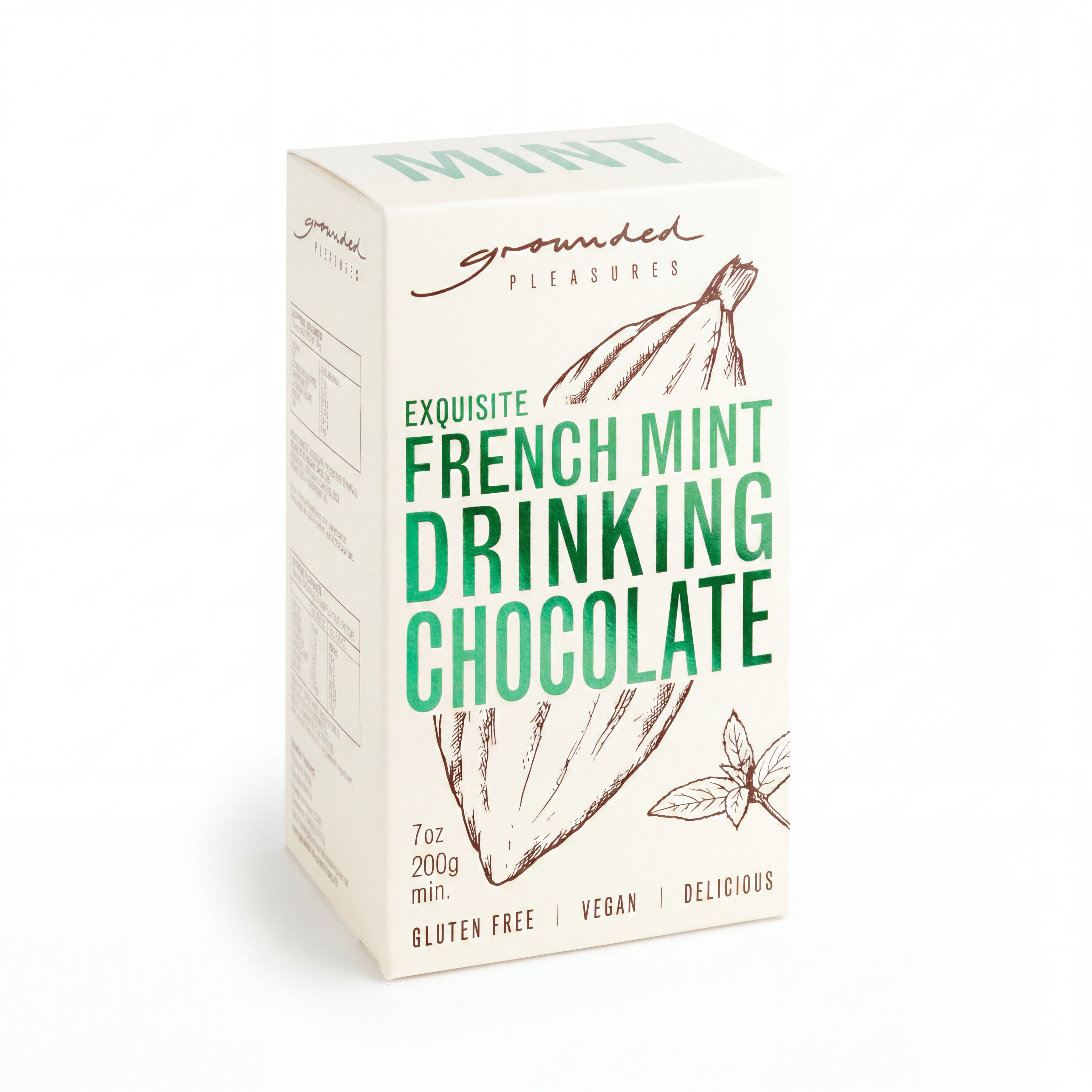 Grounded Pleasures French Mint Drinking Chocolate 200g from Cirelli Coffee, a smooth rich drinking chocolate with premium cocoa and natural peppermint for mint hot chocolate, iced chocolate, cafés, offices and home brewing.