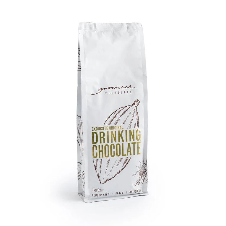 Grounded Pleasures Original Drinking Chocolate from Cirelli Coffee, a rich smooth drinking chocolate made with Forastero and Trinitario cocoa beans for luxurious hot chocolate, iced chocolate, cafés, offices and home brewing.