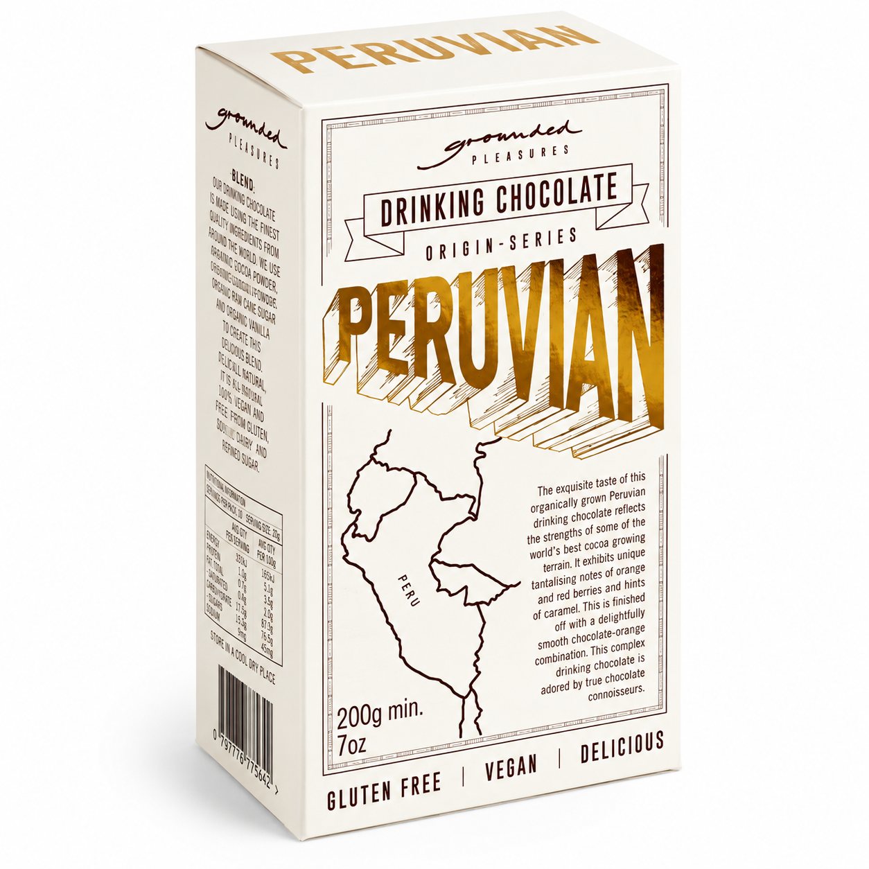 Grounded Pleasures Peruvian Drinking Chocolate 200g from Cirelli Coffee, a premium single-origin cocoa drinking chocolate from Peru with notes of orange, red berries and smooth caramel for hot chocolate, iced chocolate, cafés, offices and home brewing.
