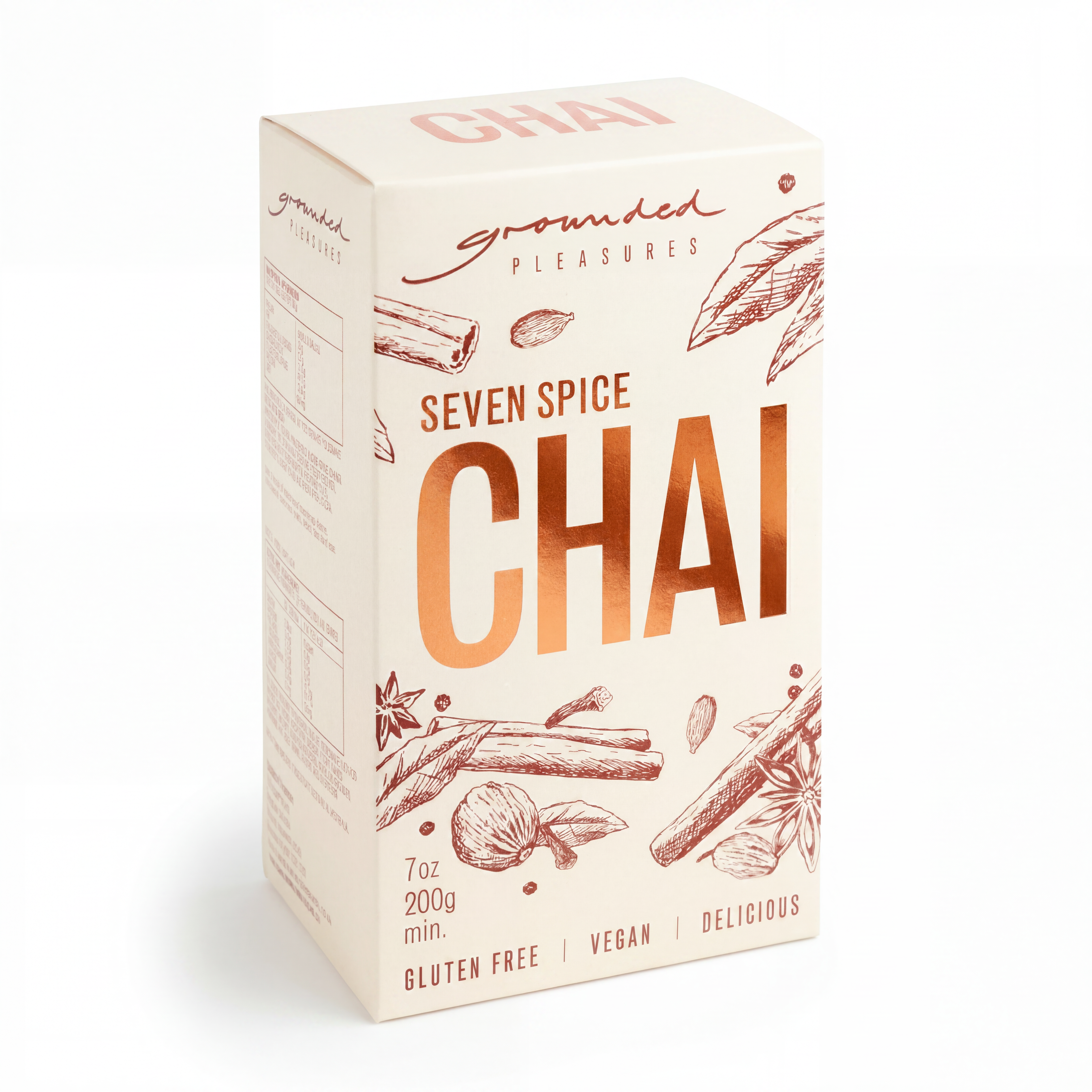 Grounded Pleasures Seven Spice Chai 200g from Cirelli Coffee, a warm aromatic chai blend with seven freshly ground spices, black tea and organic jaggery sugar for authentic chai lattes, iced chai, cafés, offices and home brewing.