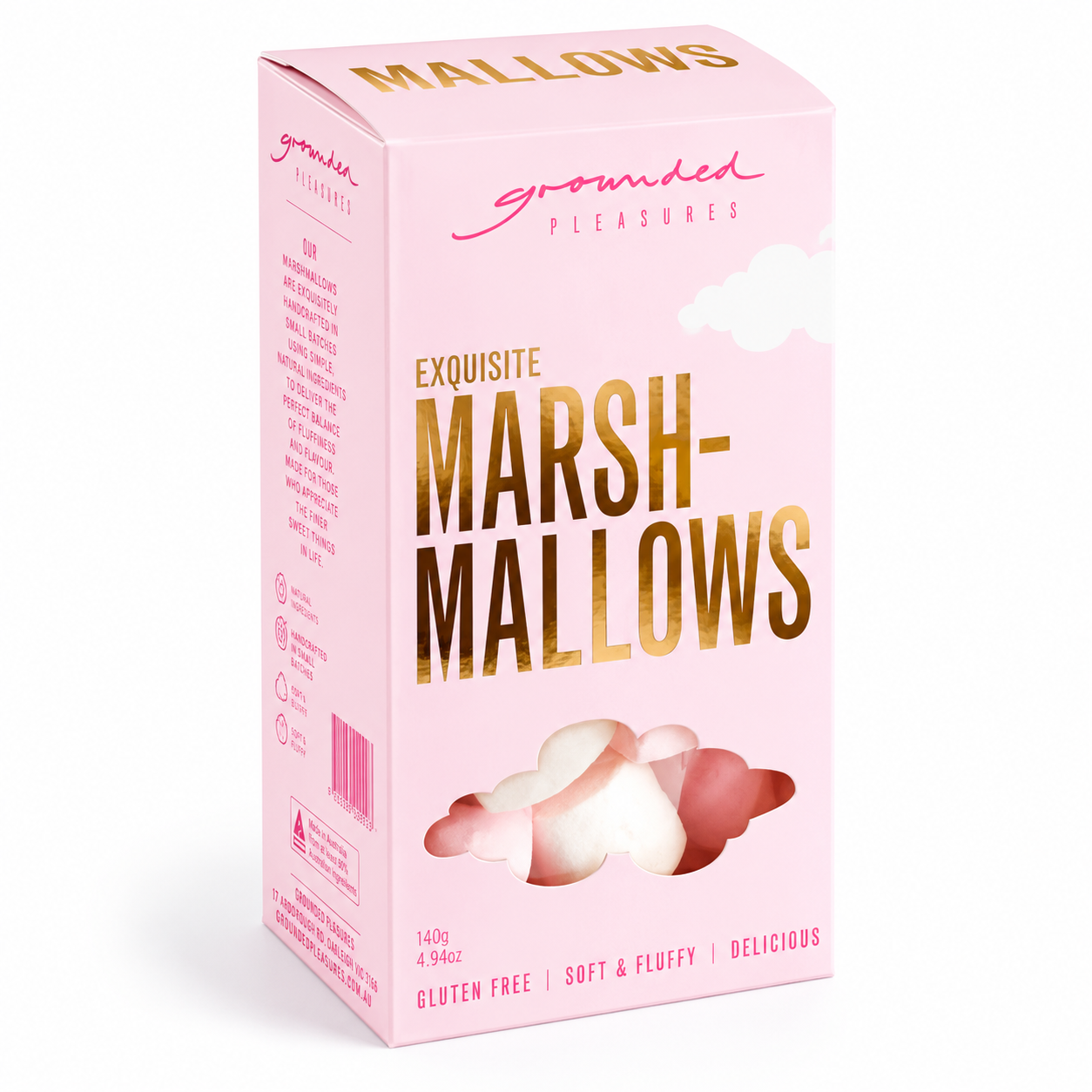 Grounded Pleasures Vanilla Bean Marshmallows 140g from Cirelli Coffee, light fluffy gourmet marshmallows with real vanilla flavour for pairing with Grounded Pleasures drinking chocolate, hot chocolate gifts, cafés, offices and home brewing.