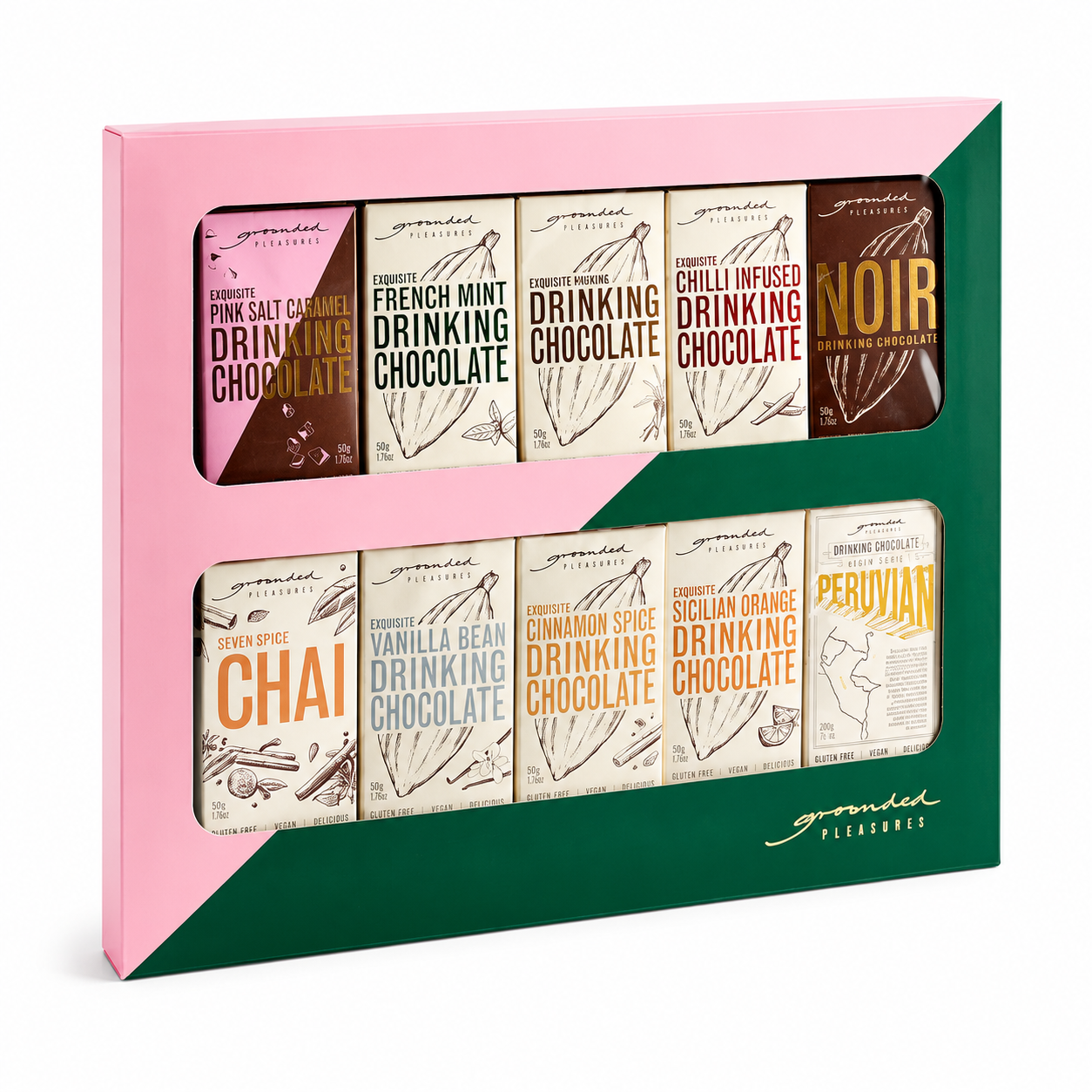 Grounded Pleasures Variety Gift Box from Cirelli Coffee, featuring 10 individual 50g drinking chocolate and chai blends in a beautifully presented gift box for tasting, gifting, birthdays, thank-you gifts, corporate gifts and chocolate lovers.