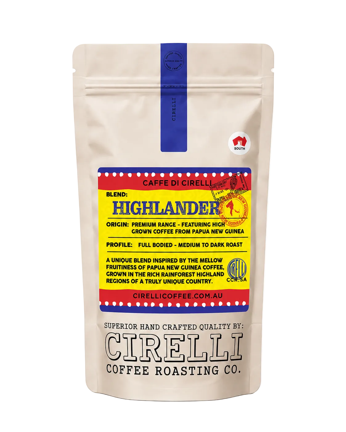 Highlander PNG Coffee by Cirelli Coffee, a smooth medium-dark Papua New Guinea coffee with mellow fruit, gentle sweetness, and subtle chocolate notes for espresso, milk coffee, long black, plunger, and filter brewing.