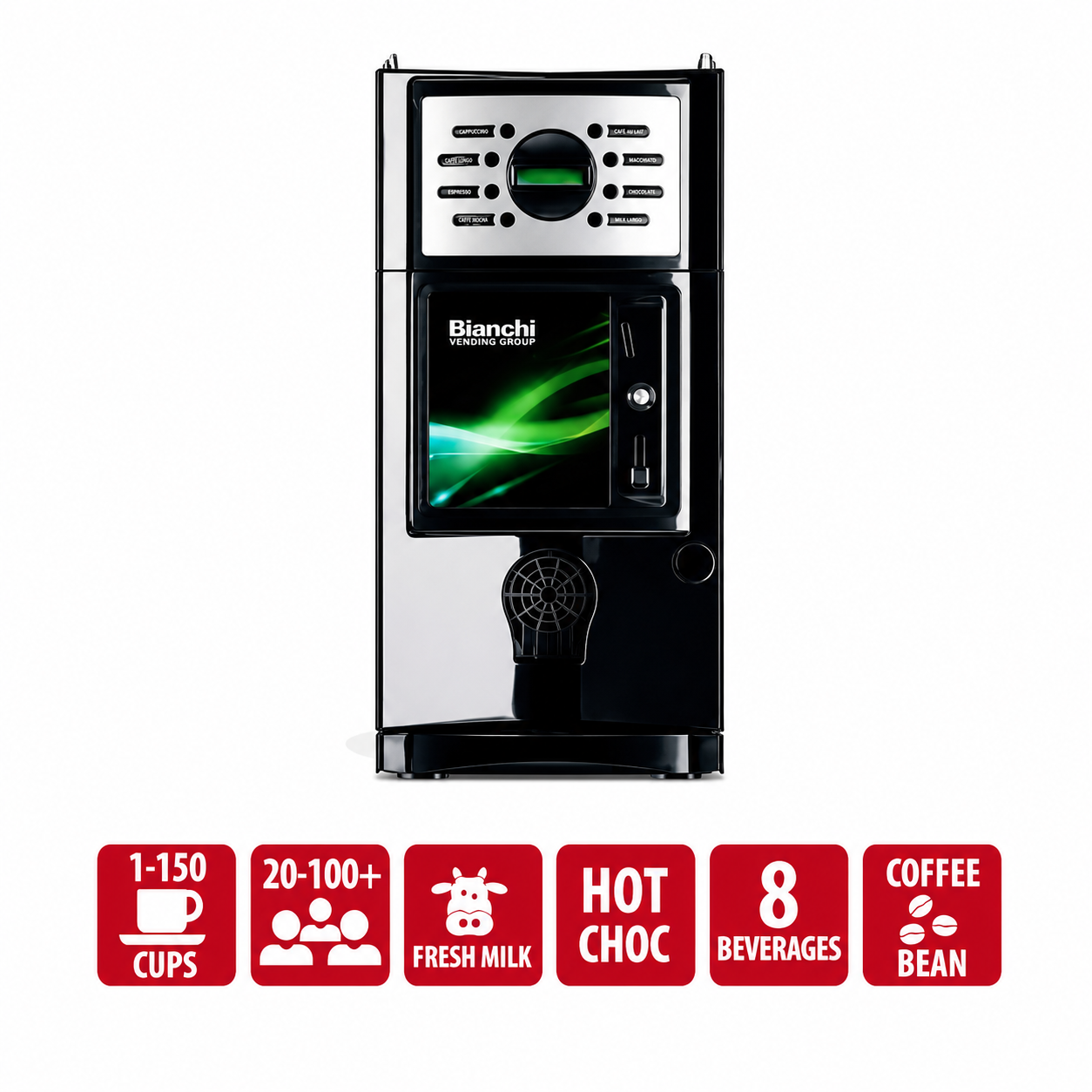 Bianchi Gaia Coffee Machine from Cirelli Coffee, an automatic office and hospitality coffee machine for 20 to 100 plus people with bean or instant beverage options, plumbed or 3.6L water tank setup, milk options, large dispensing area, and payment system compatibility.