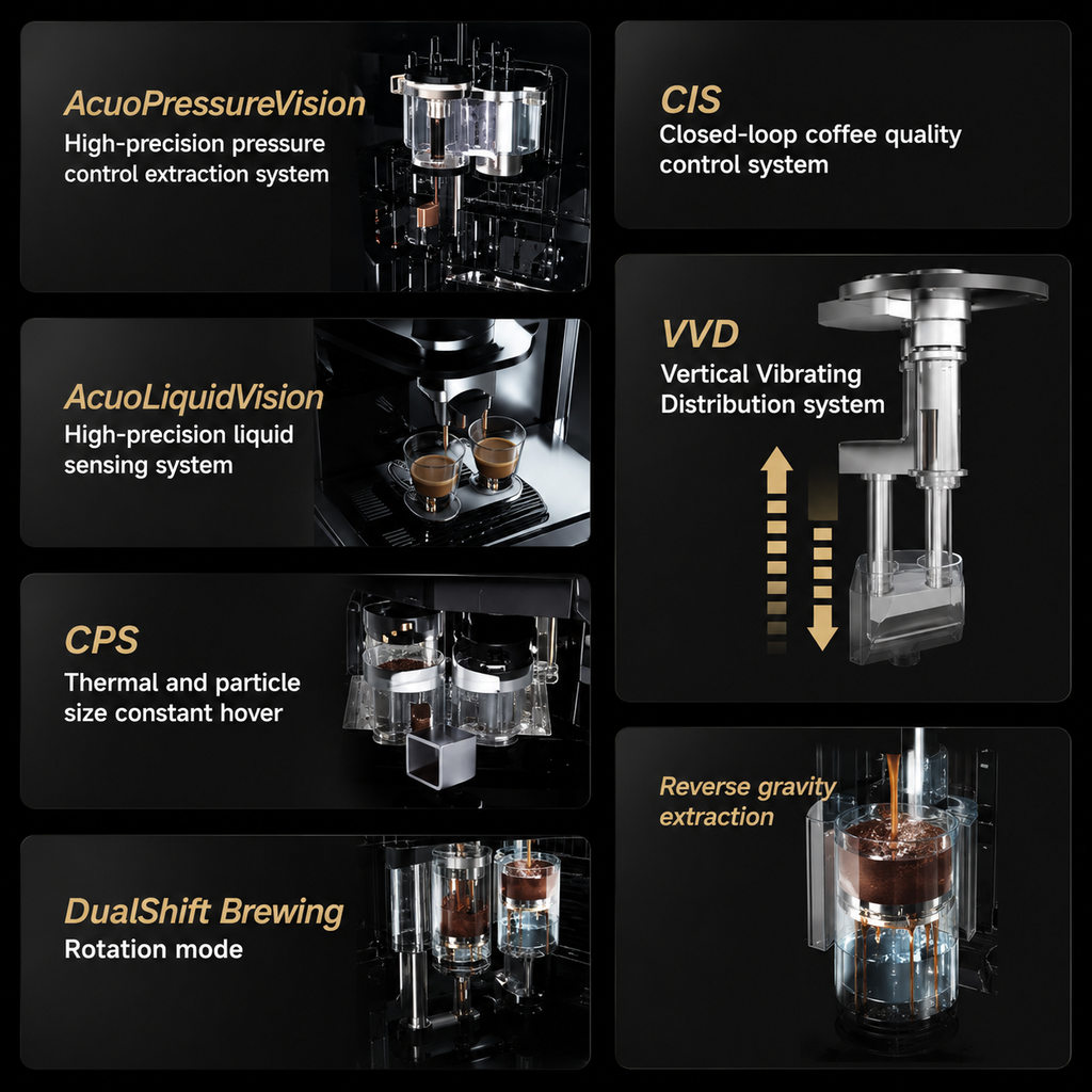 CAYE Smart X Coffee Machine from Cirelli Coffee, a commercial fully automatic coffee machine available by rental or lease enquiry with 10.1-inch touchscreen, Bionic Barista system, up to three grinders, dual milk delivery, auto-cleaning and high-volume coffee output.