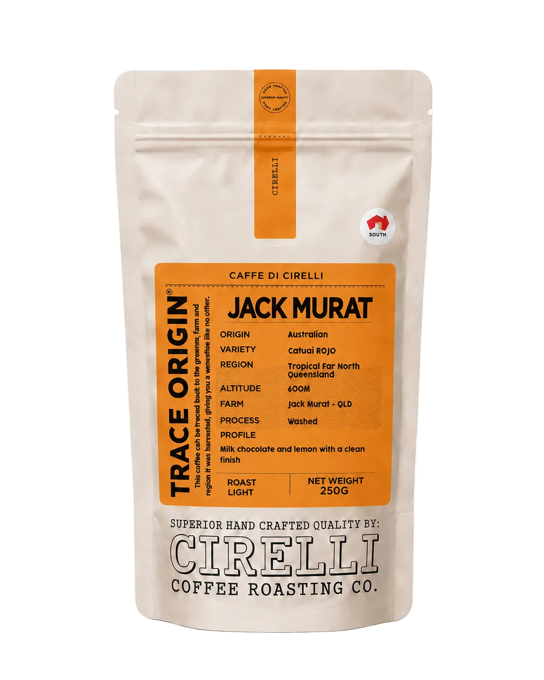 Jack Murat Australian specialty coffee by Cirelli Coffee, a light roast Catuai Rojo coffee from Tropical Far North Queensland with milk chocolate, lemon, clean acidity, and washed-process clarity.