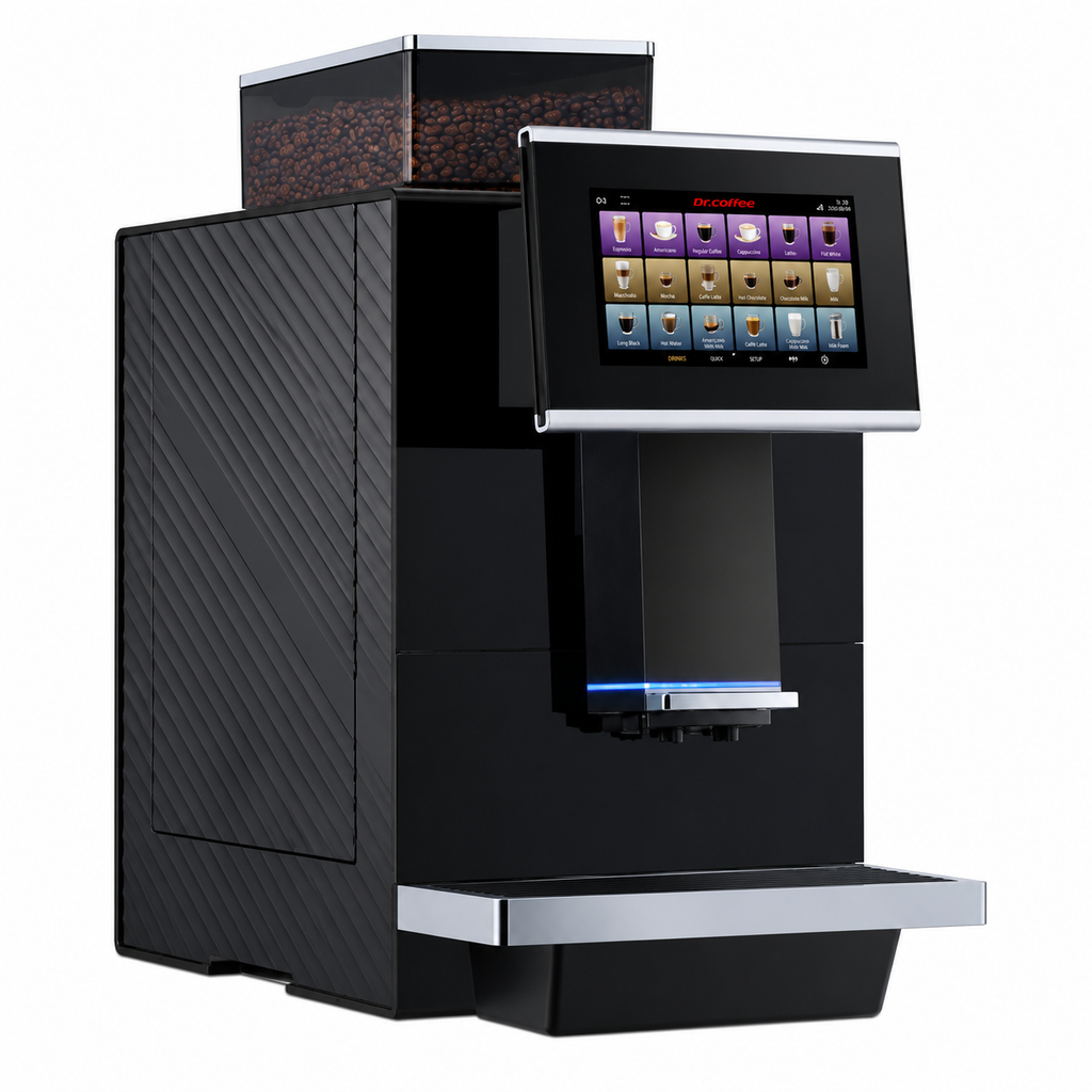 F15 Automatic Coffee Machine from Cirelli Coffee, a compact fully automatic office coffee machine with 7-inch touchscreen, 16g brewing system, 1kg bean hopper, 64mm stainless steel burrs, milk temperature adjustment and automatic cleaning for workplace coffee service.