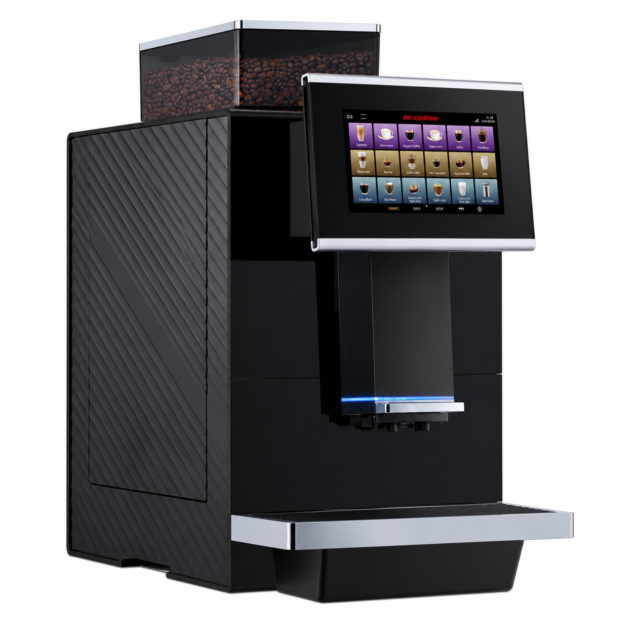 F15 Automatic Coffee Machine from Cirelli Coffee, a compact fully automatic office coffee machine with 7-inch touchscreen, 16g brewing system, 1kg bean hopper, 64mm stainless steel burrs, milk temperature adjustment and automatic cleaning for workplace coffee service.