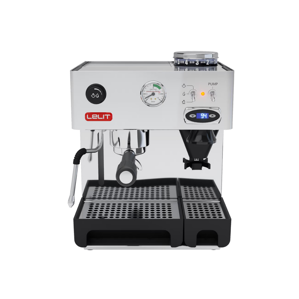 LELIT Anita coffee machine from Cirelli Coffee, a compact stainless steel espresso machine with built-in grinder, 38mm conical burrs, PID temperature control, manometer, steam wand, and 2.5L water tank for home coffee.
