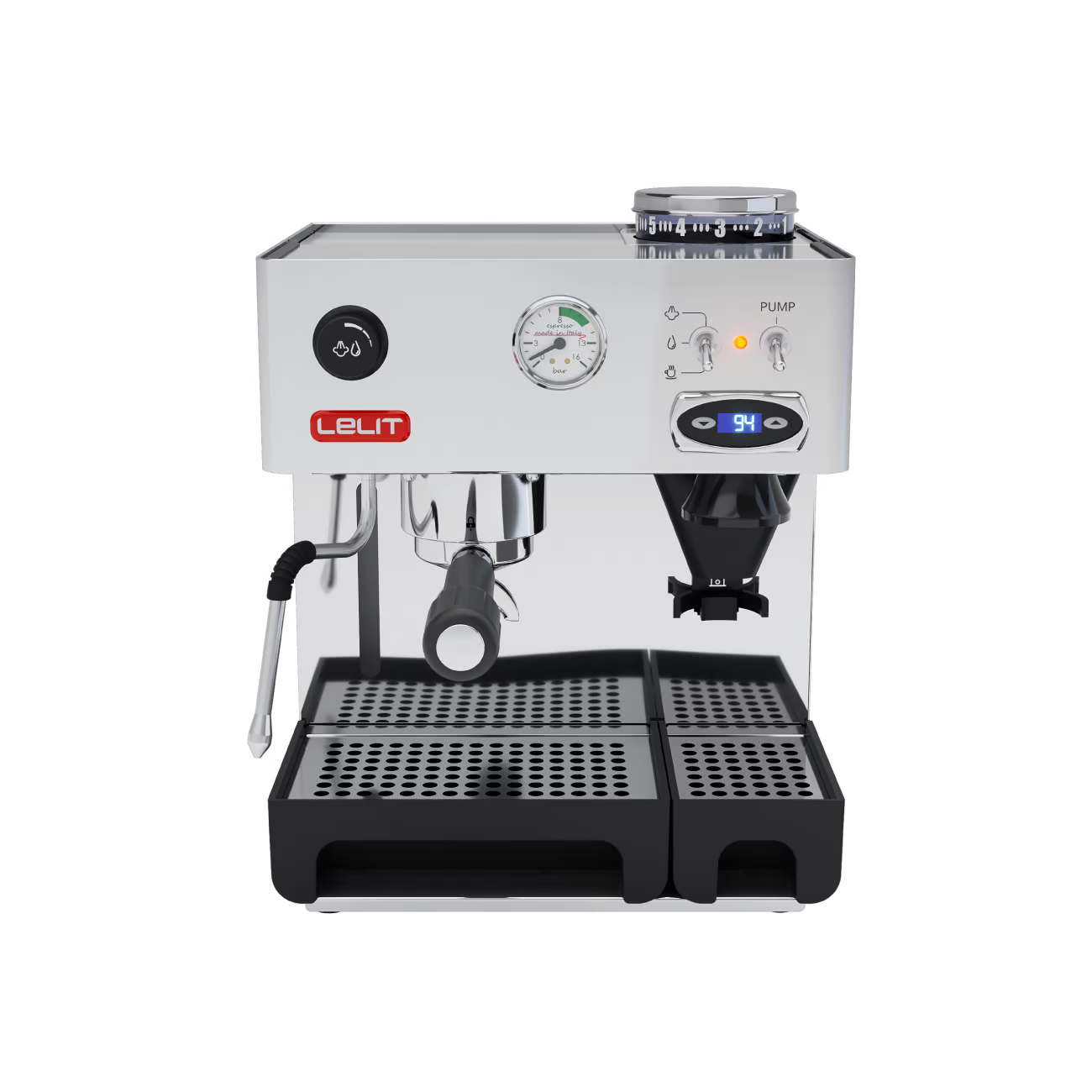 LELIT Anita coffee machine from Cirelli Coffee, a compact stainless steel espresso machine with built-in grinder, 38mm conical burrs, PID temperature control, manometer, steam wand, and 2.5L water tank for home coffee.