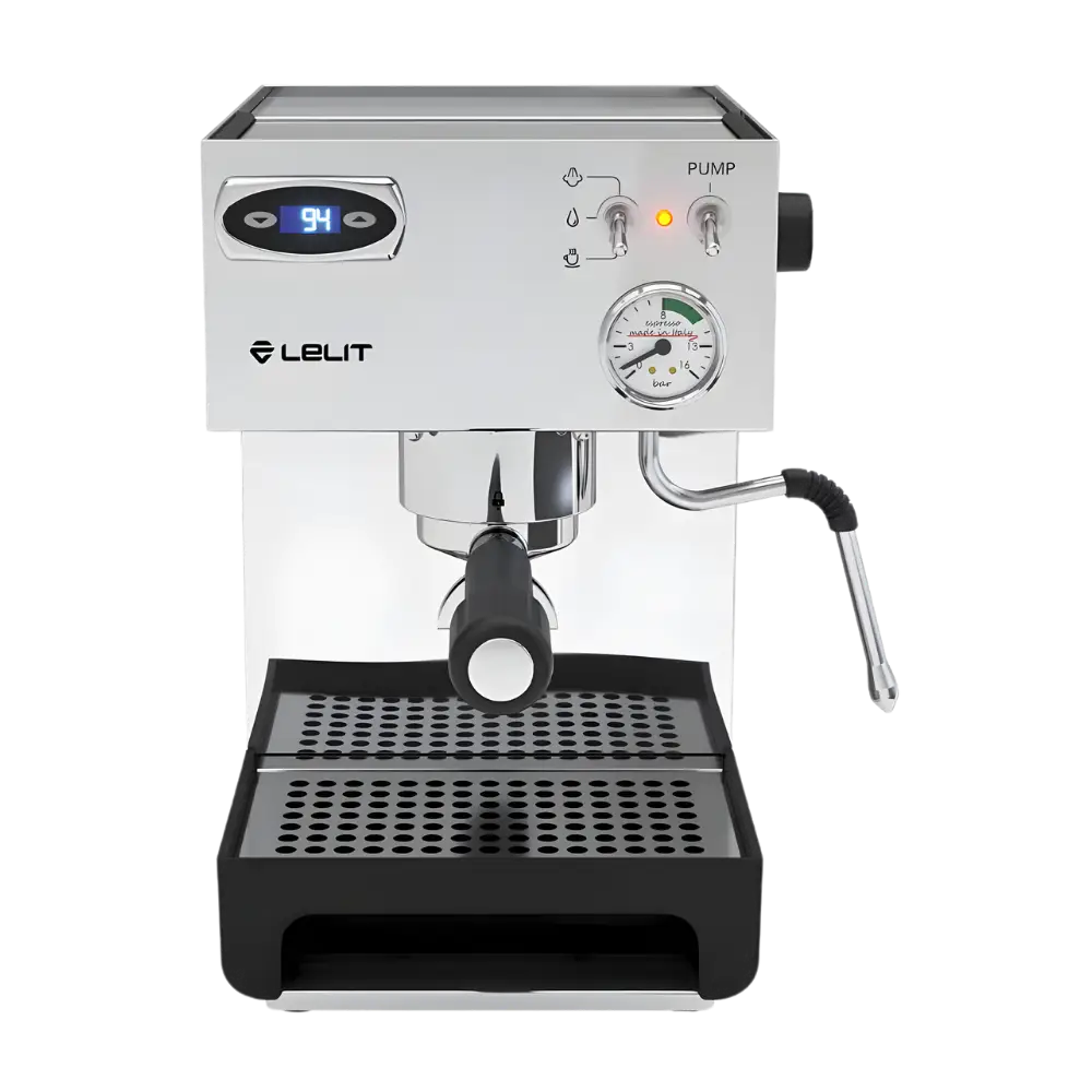LELIT Anna coffee machine from Cirelli Coffee, a compact entry-level stainless steel espresso machine with PID temperature control, LELIT57 group, manometer, anti-burn steam wand, and accessories for home baristas.