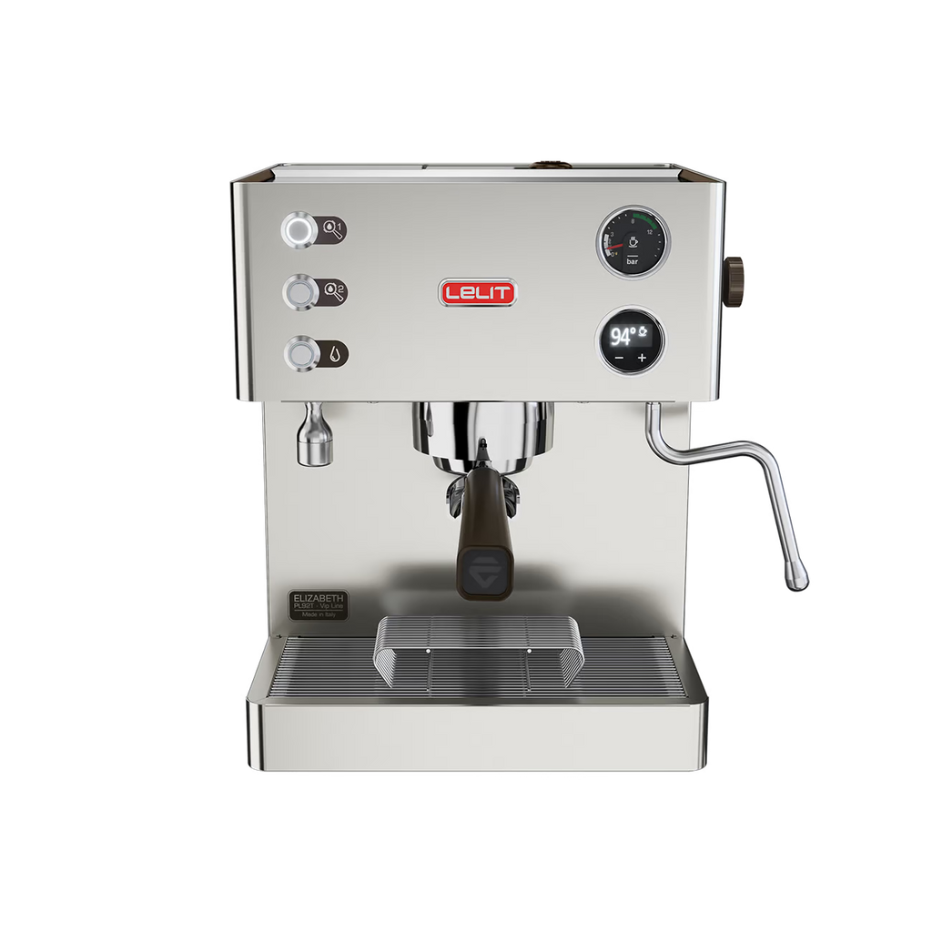LELIT Elizabeth coffee machine from Cirelli Coffee, a compact dual boiler espresso machine with LELIT58 group head, LCC OLED display, adjustable pre-infusion, smart water detection, manometer, and anti-burn steam wand for home baristas.