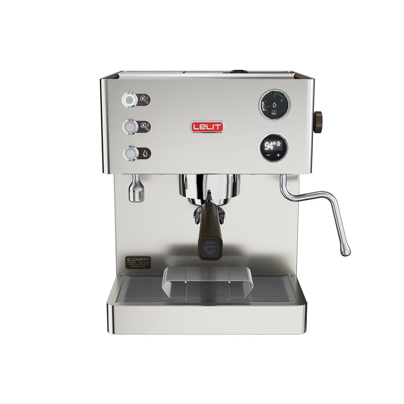 LELIT Elizabeth coffee machine from Cirelli Coffee, a compact dual boiler espresso machine with LELIT58 group head, LCC OLED display, adjustable pre-infusion, smart water detection, manometer, and anti-burn steam wand for home baristas.