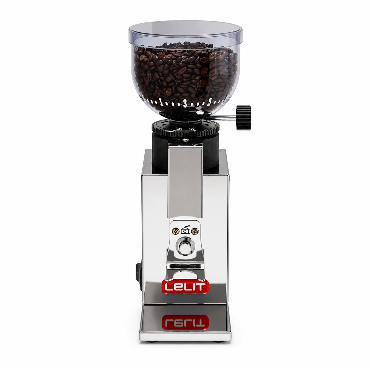 LELIT Fred PRIMA Polished Stainless Steel from Cirelli Coffee, a compact espresso coffee grinder with 38mm conical burrs, manual portafilter dosing, micrometric stepless adjustment, 250g tinted hopper and polished stainless steel body.