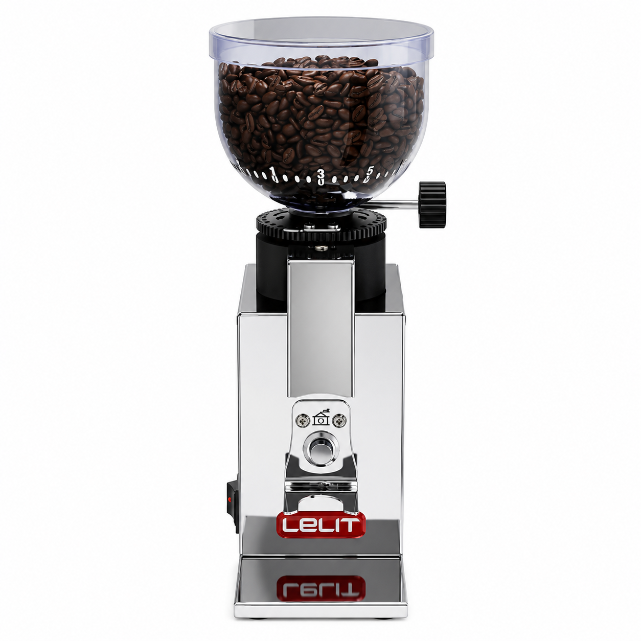 LELIT Fred TEMPO Polished Stainless Steel from Cirelli Coffee, a compact espresso coffee grinder with 38mm conical burrs, micrometric stepless adjustment, dose setting button, smoked 250g bean hopper and polished stainless steel body.