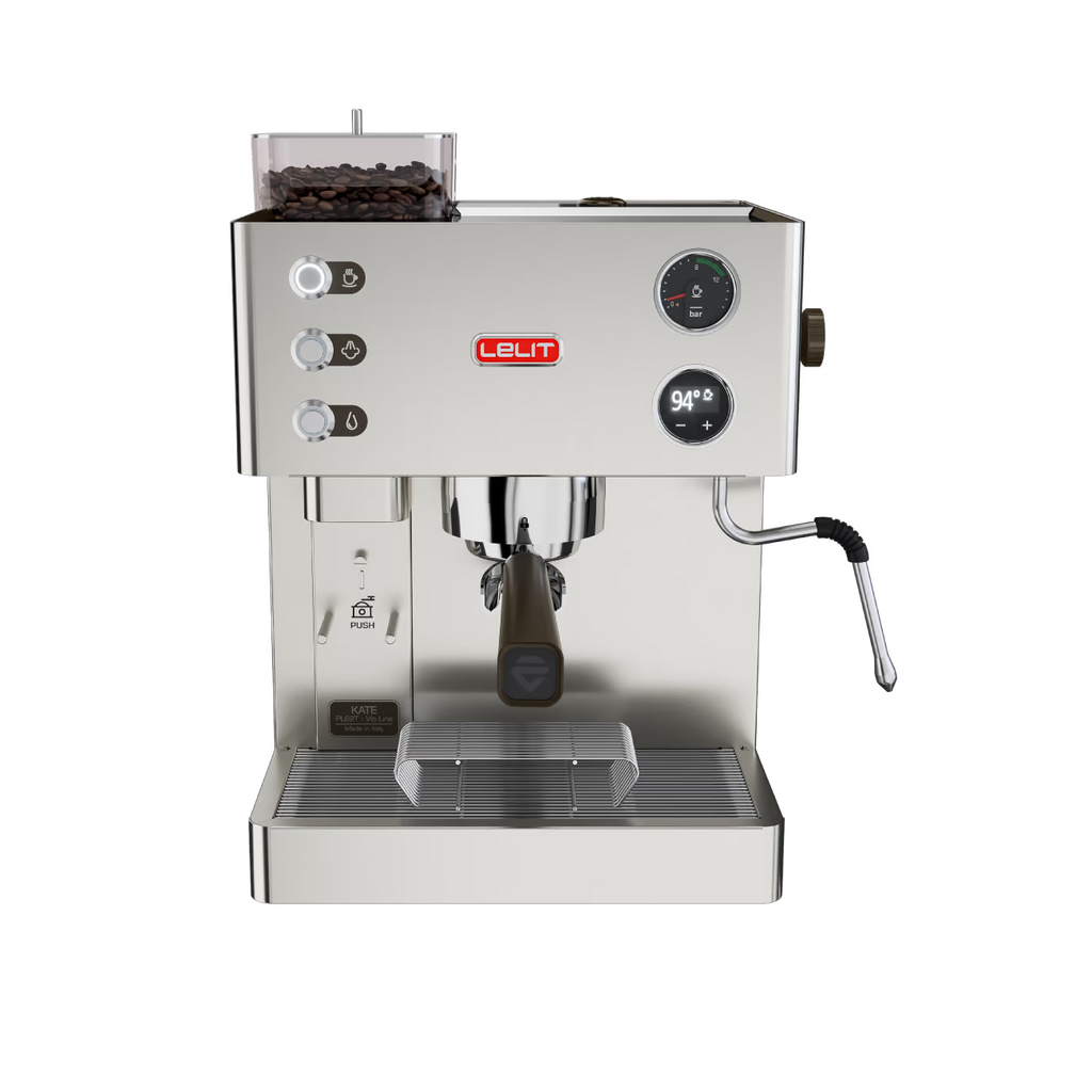 Lelit Kate coffee machine from Cirelli Coffee, a compact stainless steel espresso machine with built-in grinder, LELIT58 commercial grouphead, LCC OLED display, manometer, brass boiler, and anti-burn steam wand for home baristas.