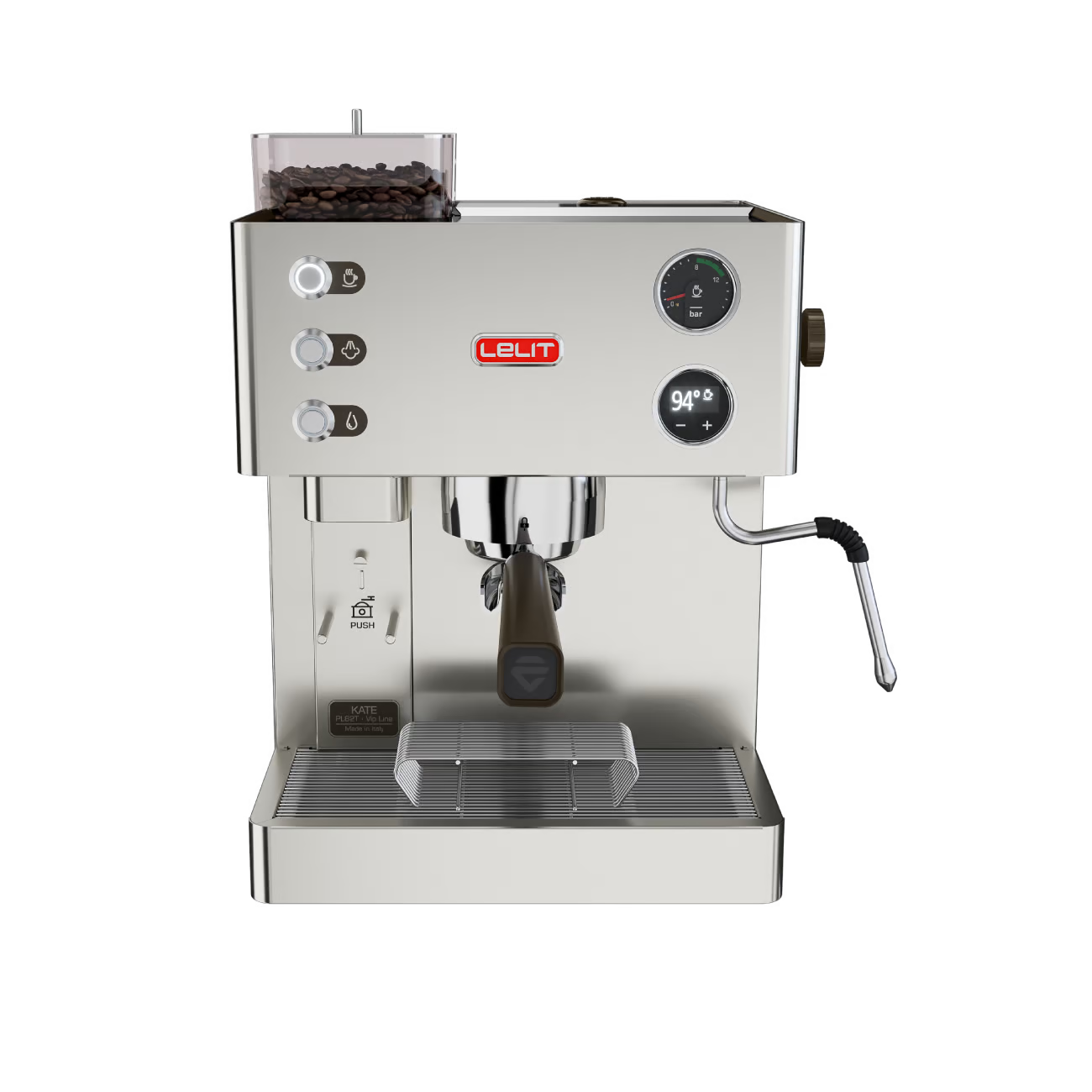 Lelit Kate coffee machine from Cirelli Coffee, a compact stainless steel espresso machine with built-in grinder, LELIT58 commercial grouphead, LCC OLED display, manometer, brass boiler, and anti-burn steam wand for home baristas.