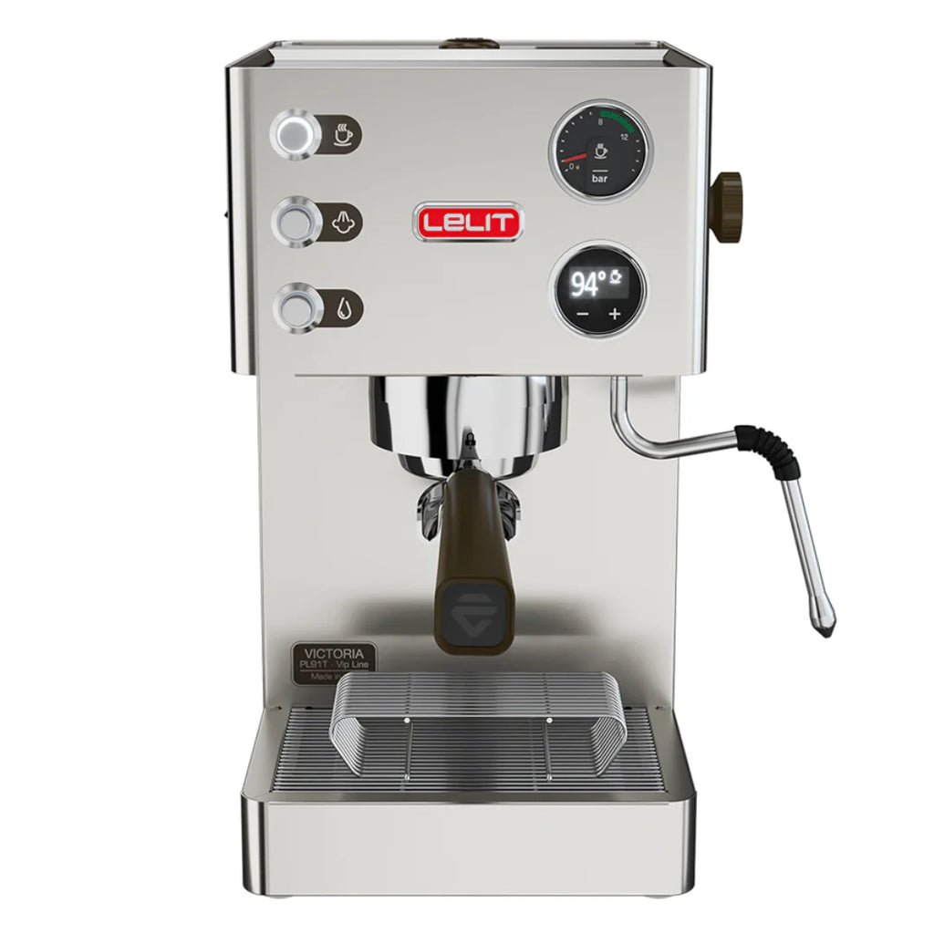 Lelit Victoria coffee machine from Cirelli Coffee, a compact stainless steel espresso machine with LELIT58 commercial grouphead, LCC OLED display, pre-infusion, manometer, and anti-burn steam wand for home baristas.