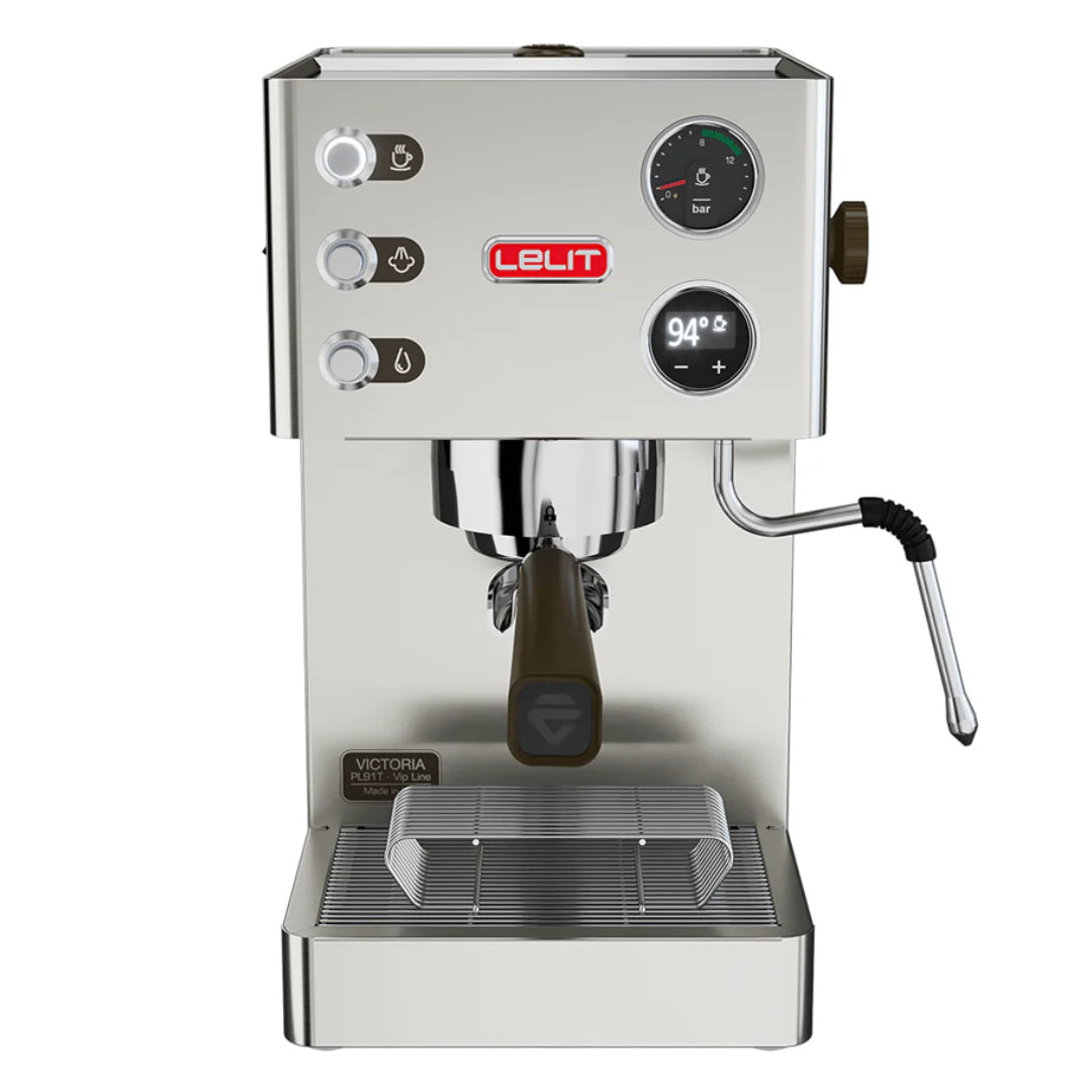 Lelit Victoria coffee machine from Cirelli Coffee, a compact stainless steel espresso machine with LELIT58 commercial grouphead, LCC OLED display, pre-infusion, manometer, and anti-burn steam wand for home baristas.