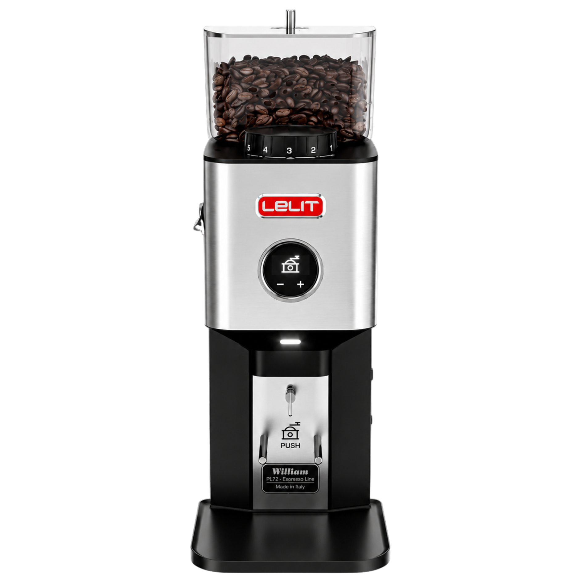 LELIT William Grinder from Cirelli Coffee, a premium espresso coffee grinder with 64mm flat burrs, LELIT Control Center OLED display, stepless micrometric grind adjustment, programmable dosing, 350g hopper and brushed steel body.