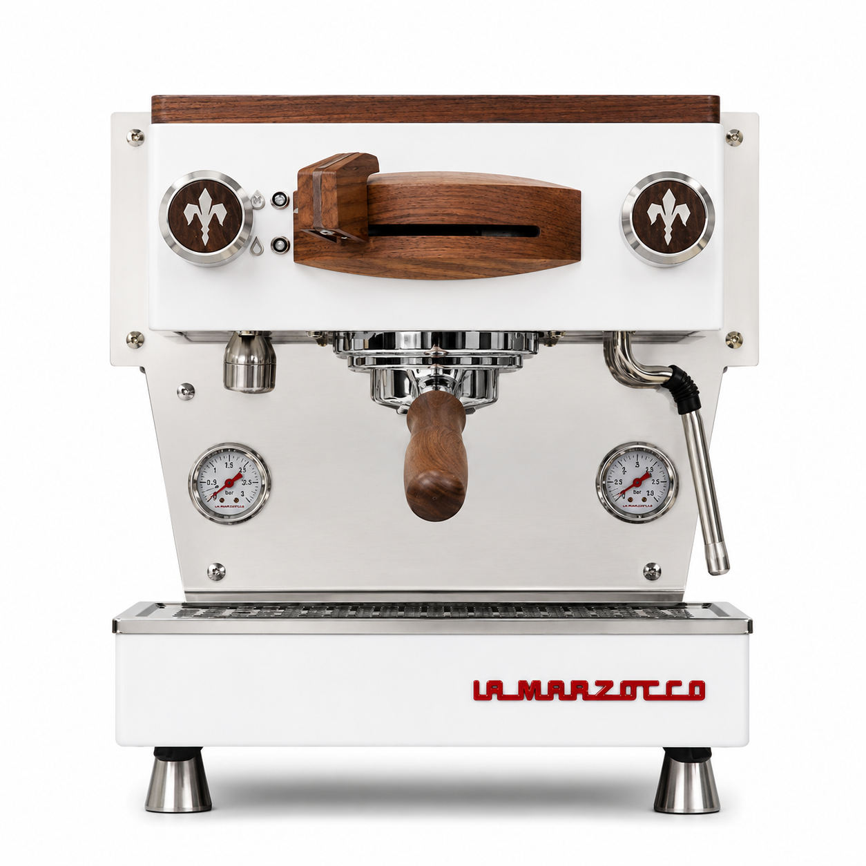 Linea Mini Timber Kit Walnut Stainless Steel from Cirelli Coffee, a premium upgrade kit for La Marzocco Linea Mini with walnut timber parts, stainless steel feet, group paddle, knobs, group cover, top panel, and bottomless portafilter.