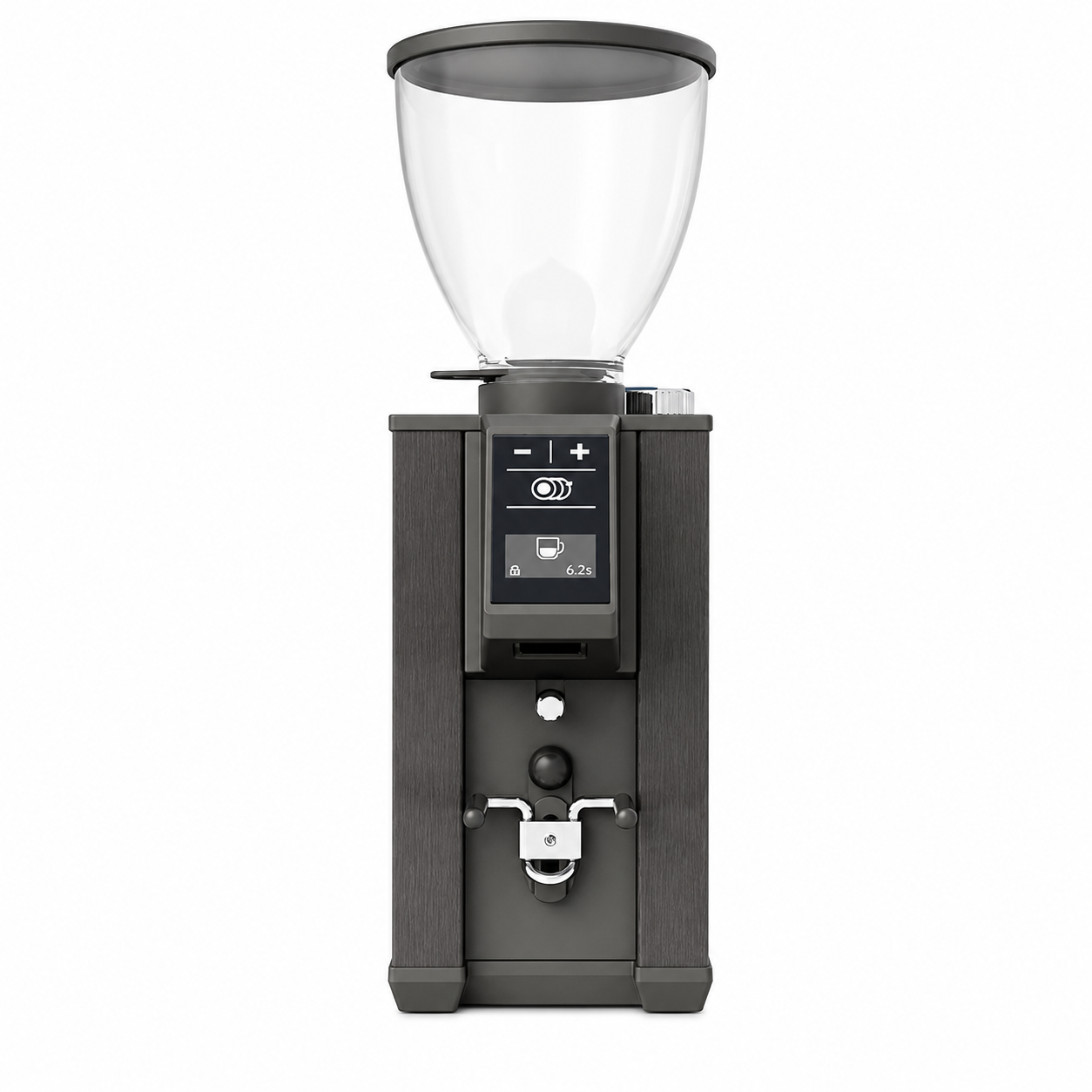 Macap LEO 55 Grinder Satin Black from Cirelli Coffee, a quiet electric espresso grinder with 55mm flat burrs, Silent System Technology, digital dosing, three presets, PLAY button activation, stepless grind adjustment, No-Screw burr removal and cooling system.