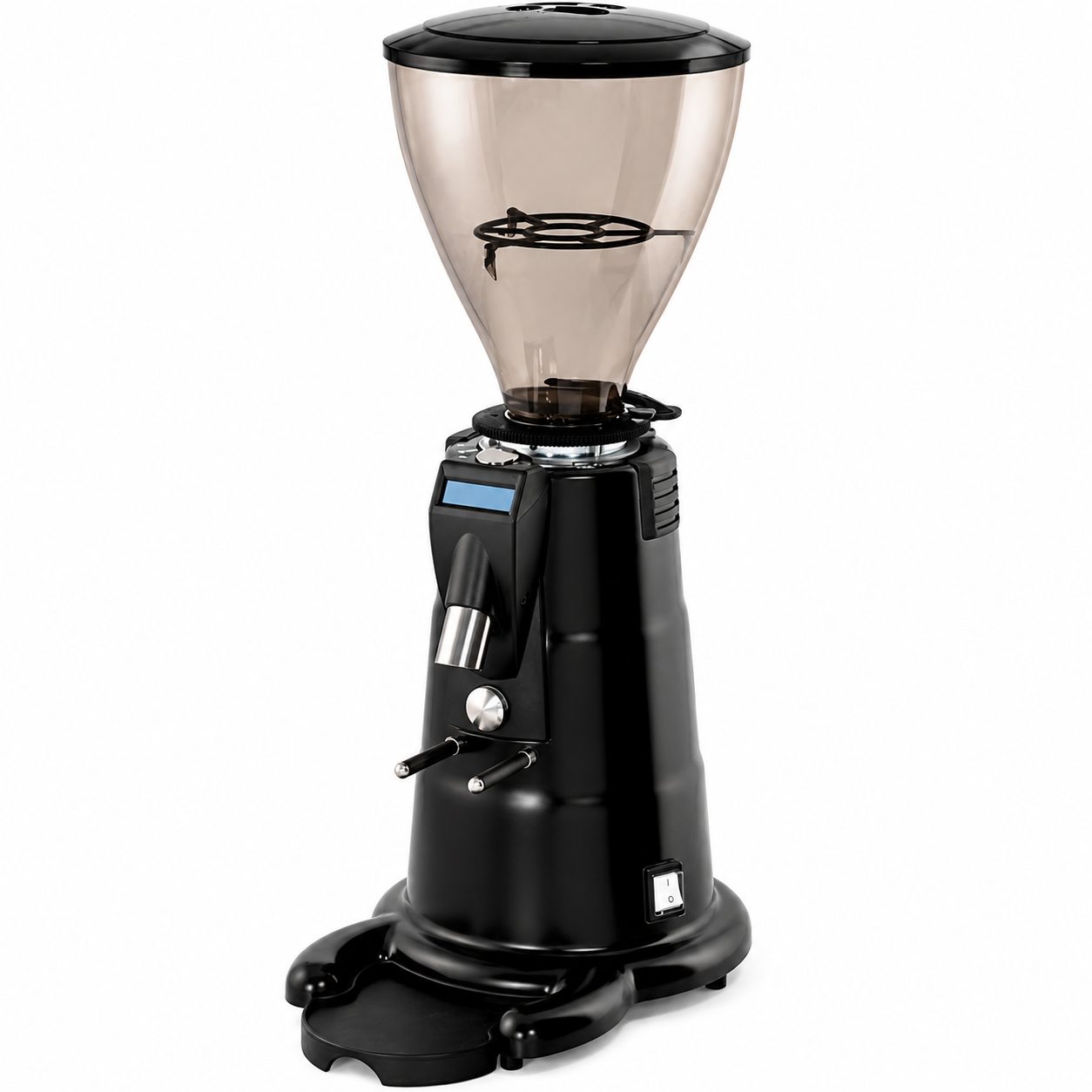 MACAP M7D Black Coffee Grinder from Cirelli Coffee, a powerful black digital on-demand espresso grinder with three programmable doses, manual dosing, 68mm conical blades, 800W low-speed motor, stepless grind adjustment, dosing counter and 1.4kg bean hopper.