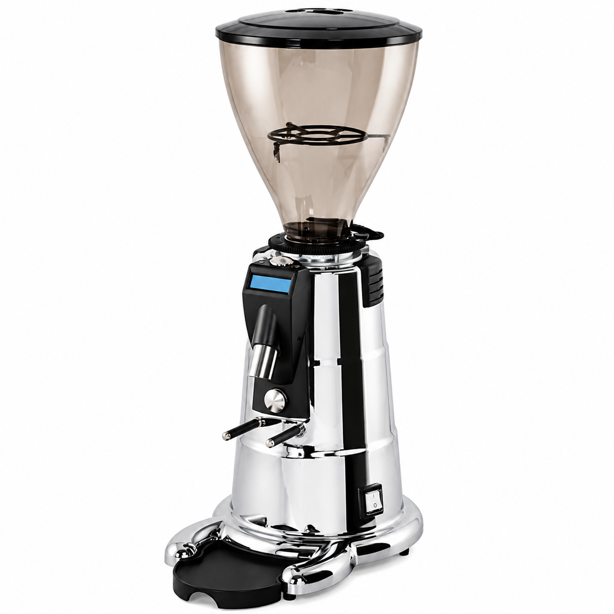 MACAP M7D Digital Chrome Coffee Grinder from Cirelli Coffee, a powerful chrome digital on-demand espresso grinder with three programmable doses, manual dosing, 68mm conical blades, 800W low-speed motor, stepless grind adjustment, dosing counter and 1.4kg bean hopper.
