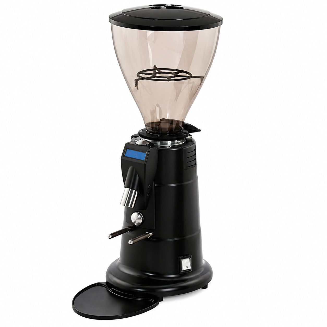 MACAP MXD Digital Black Coffee Grinder from Cirelli Coffee, a powerful black digital on-demand espresso grinder with three programmable doses, manual dosing, 75mm flat hardened steel blades, 340W low-speed motor, stepless grind adjustment, dosing counter and 1.4kg bean hopper.